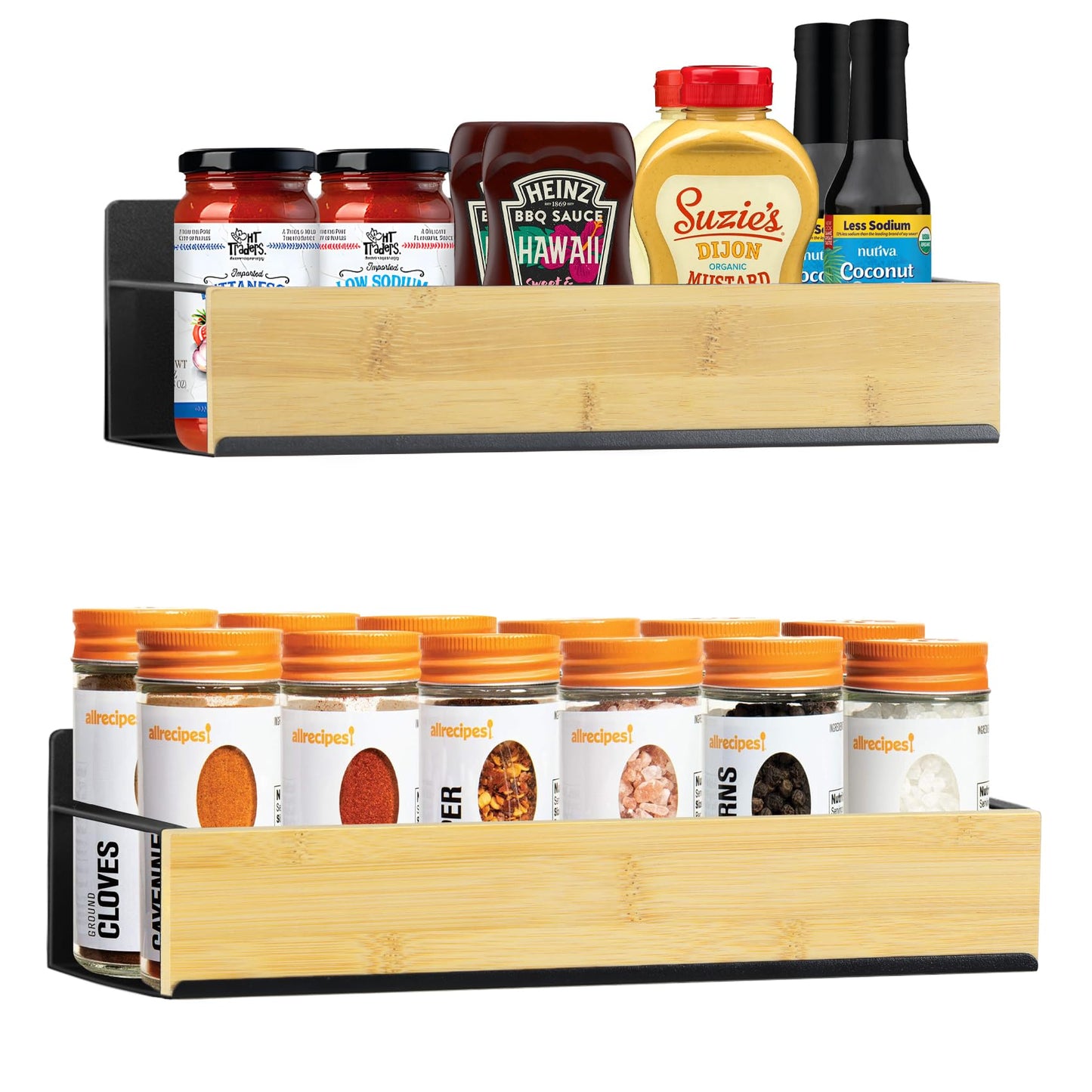 Kitchen Spice Rack for Wall: 2 Packs Black Adhesive Spice Racks Wall Mount - 11.8" Large Hanging Storage Organizer Cabinet Without Drilling for Work Room Bathroom Shelves