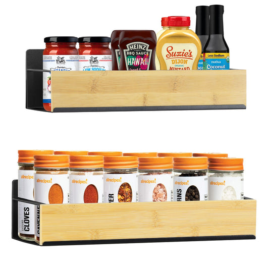 Kitchen Spice Rack for Wall: 2 Packs Black Adhesive Spice Racks Wall Mount - 11.8" Large Hanging Storage Organizer Cabinet Without Drilling for Work Room Bathroom Shelves