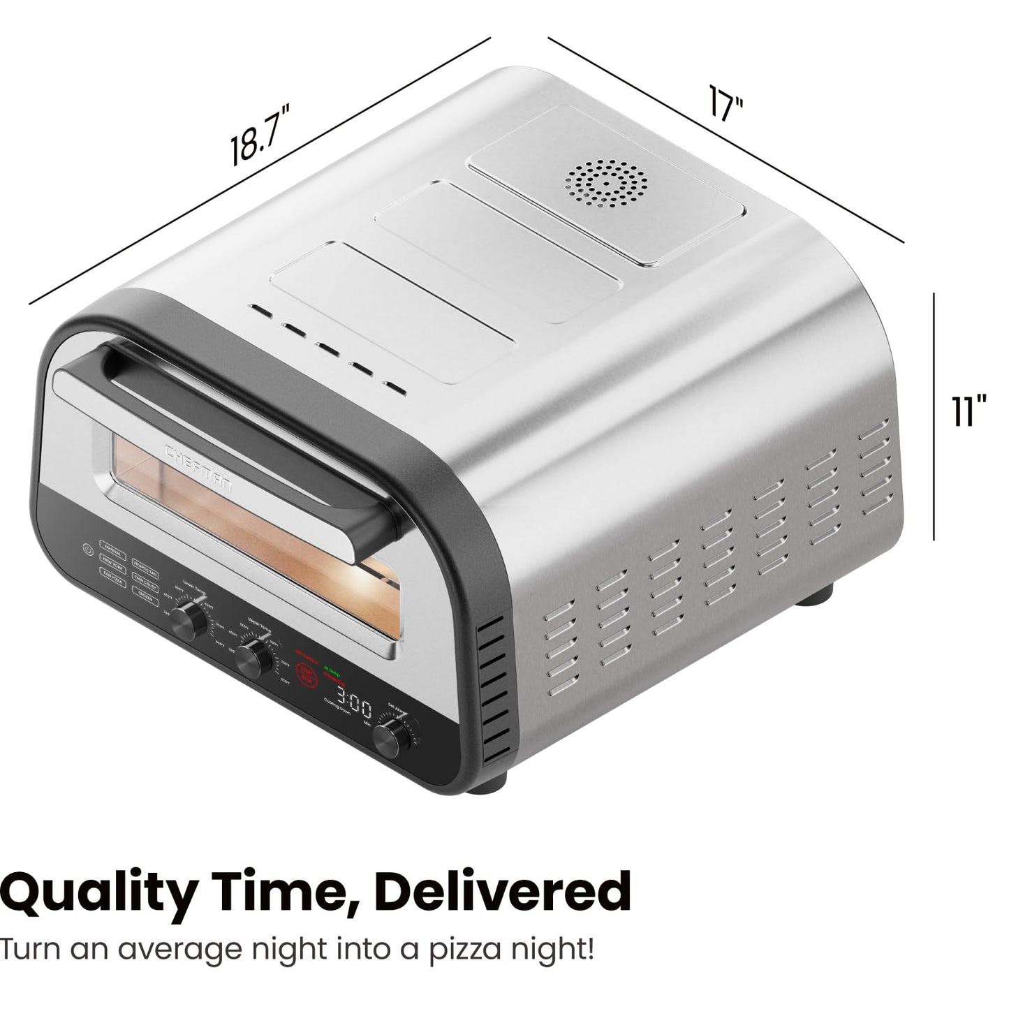 CHEFMAN Indoor Pizza Oven - Makes 12 Inch Pizzas in Minutes, Heats up to 800°F - Countertop Electric Pizza Maker with 5 Touchscreen Presets, Pizza Stone and Peel Included - Stainless Black