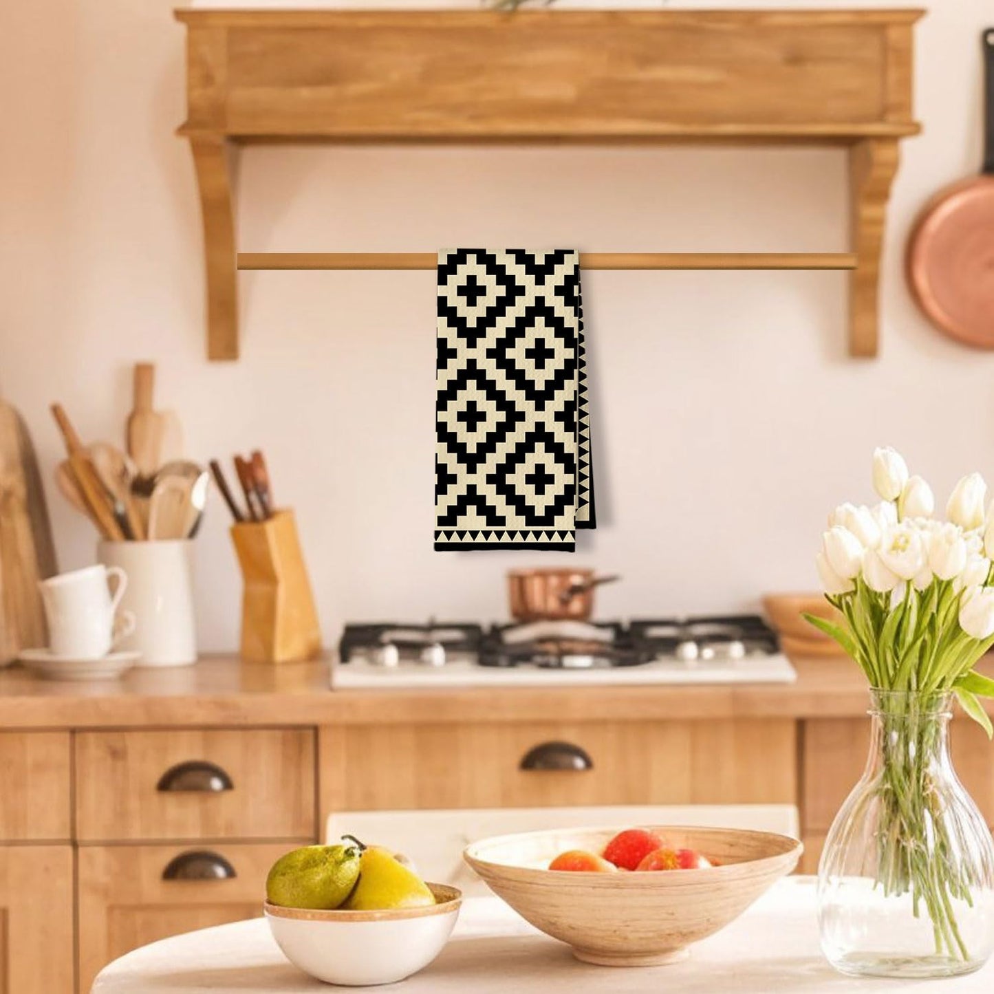 Beige and Black Moroccan Kitchen Towels, Boho Abstract Dish Tea Towels for Kitchen Decor, Retro Mid Century Modern Hand Towel for Bathroom Decor, 16x24 Inches