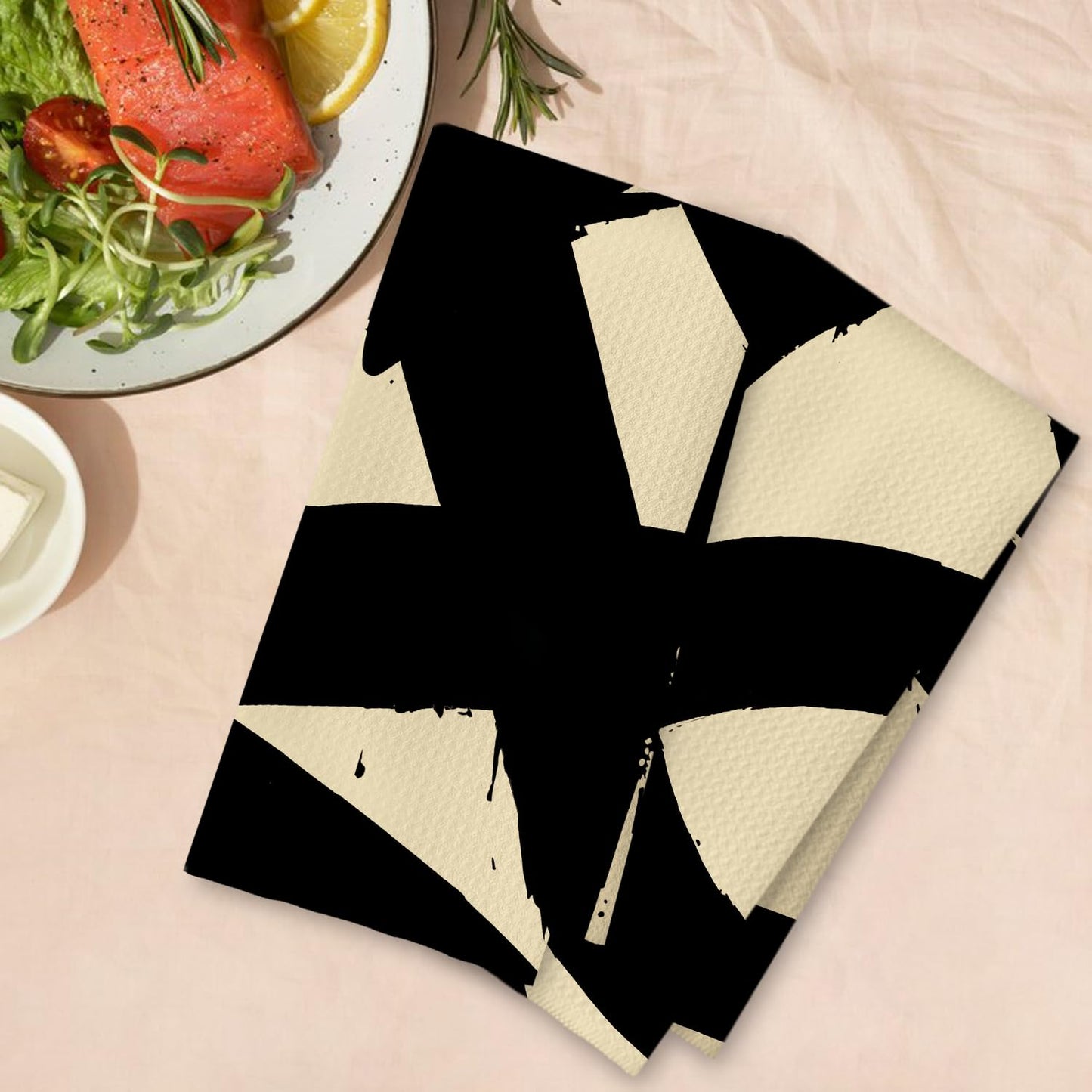 Beige and Black Moroccan Kitchen Towels, Boho Abstract Dish Tea Towels for Kitchen Decor, Retro Mid Century Modern Hand Towel for Bathroom Decor, 16x24 Inches