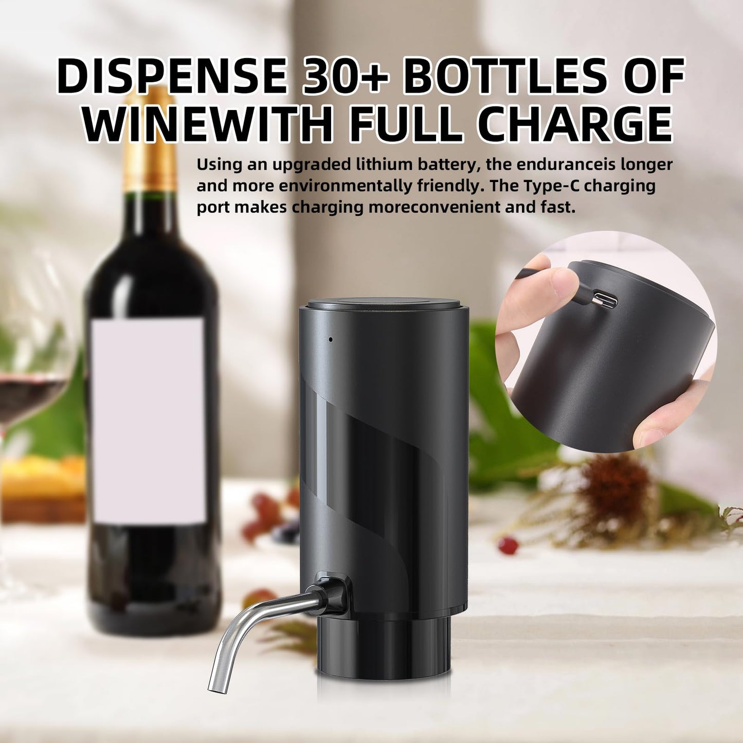 Rechargeable Wine aerator Electric Wine Decanter, Automatic Wine Dispenser withStorage Base,Two Modes:long press to continuously Dispense wine/single press to Dispense75ml of Wine