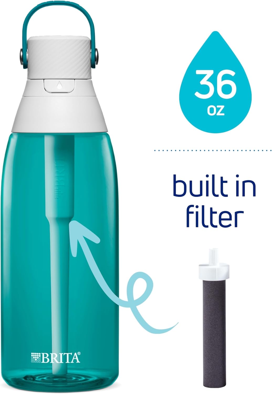 Brita Hard-Sided Plastic Premium Filtering Water Bottle, BPA-Free, Reusable, Replaces 300 Plastic Water Bottles, Filter Lasts 2 Months or 40 Gallons, Includes 1 Filter, Sea Glass - 36 oz.