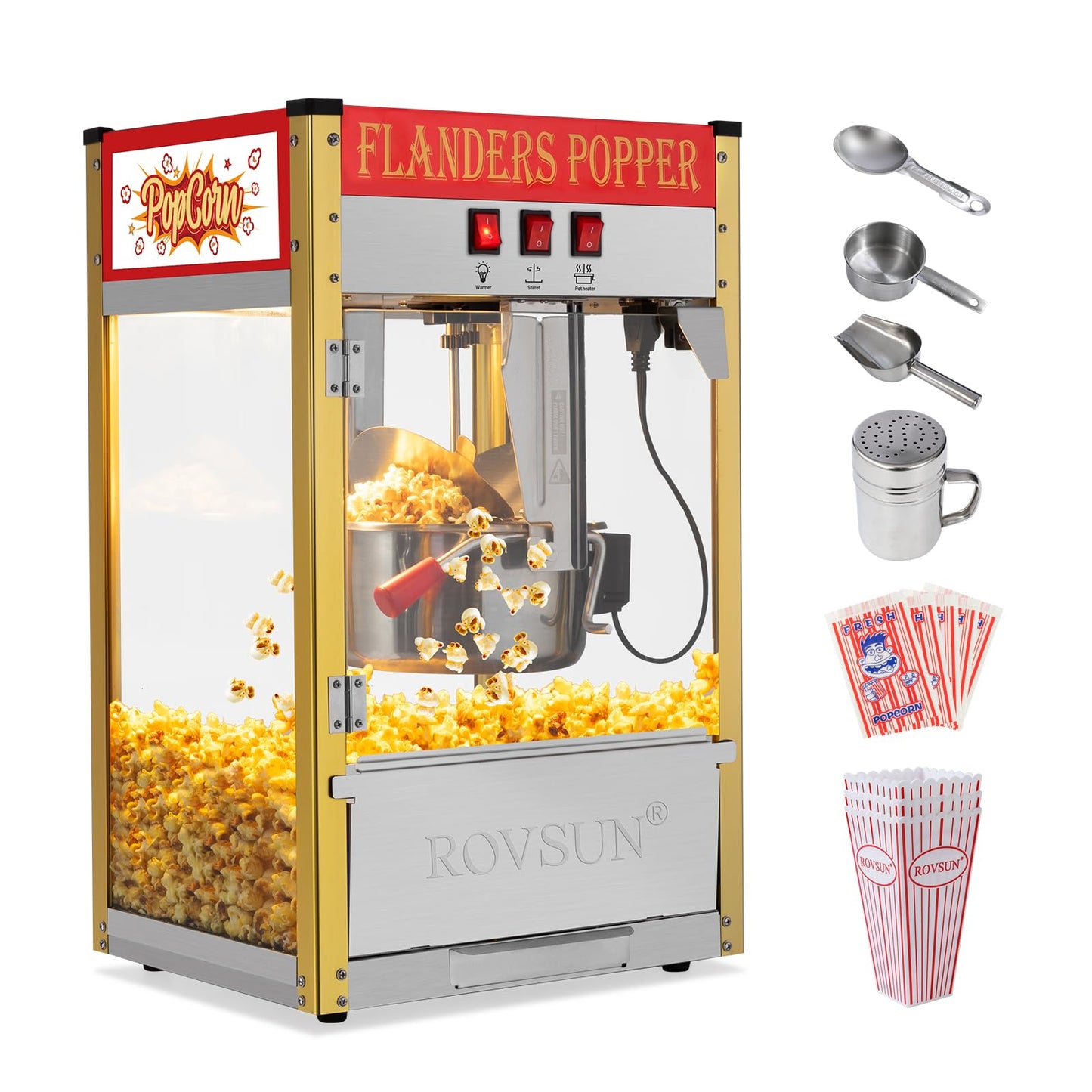 ROVSUN Popcorn Machine with 8 Ounce Kettle Makes Up to 32 Cups, Commercial Popcorn Machine Countertop Popcorn Maker w/Stainless Steel Scoop, Oil Spoon & 3 Popcorn Cups for Home Movie Theater, ETL