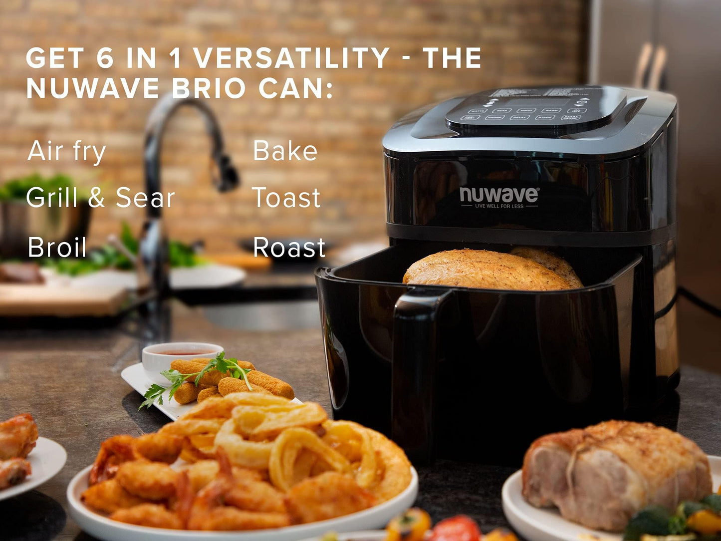 Nuwave Brio Air Fryer Oven, 15.5Qt X-Large Family Size, SS Rotisserie Basket &Skewer-Kit, Reversible Ultra Non-Stick Grill/Griddle Plate, Powerful 1800W, Integrated Smart Thermometer,Black