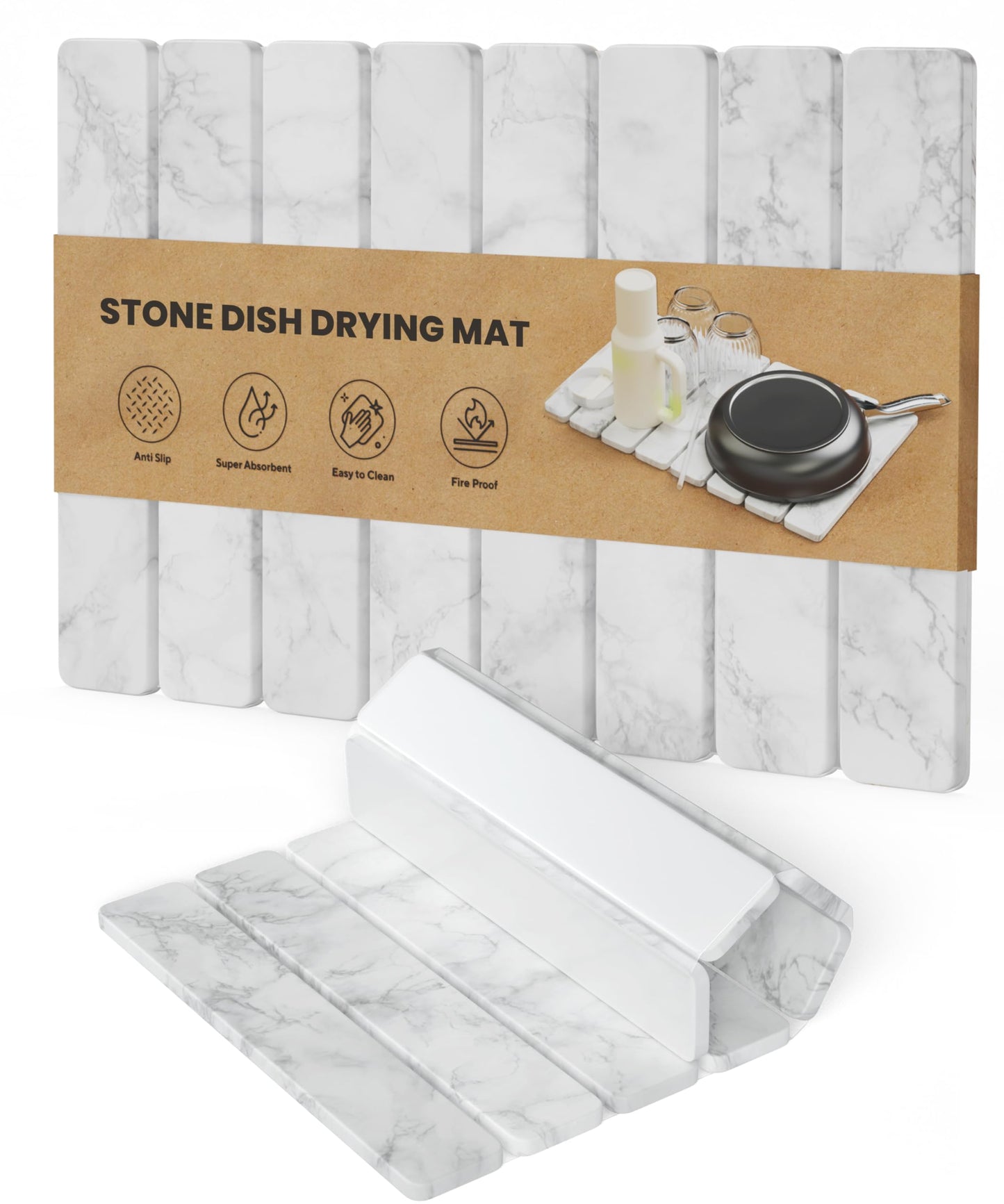 Stone Drying Mat for Kitchen Counter - Collapsible Diatomaceous Earth Dish Drying Stone - Fast Absorbent Stone Dish Drying Mat for Dishes and Pots (White Marble)