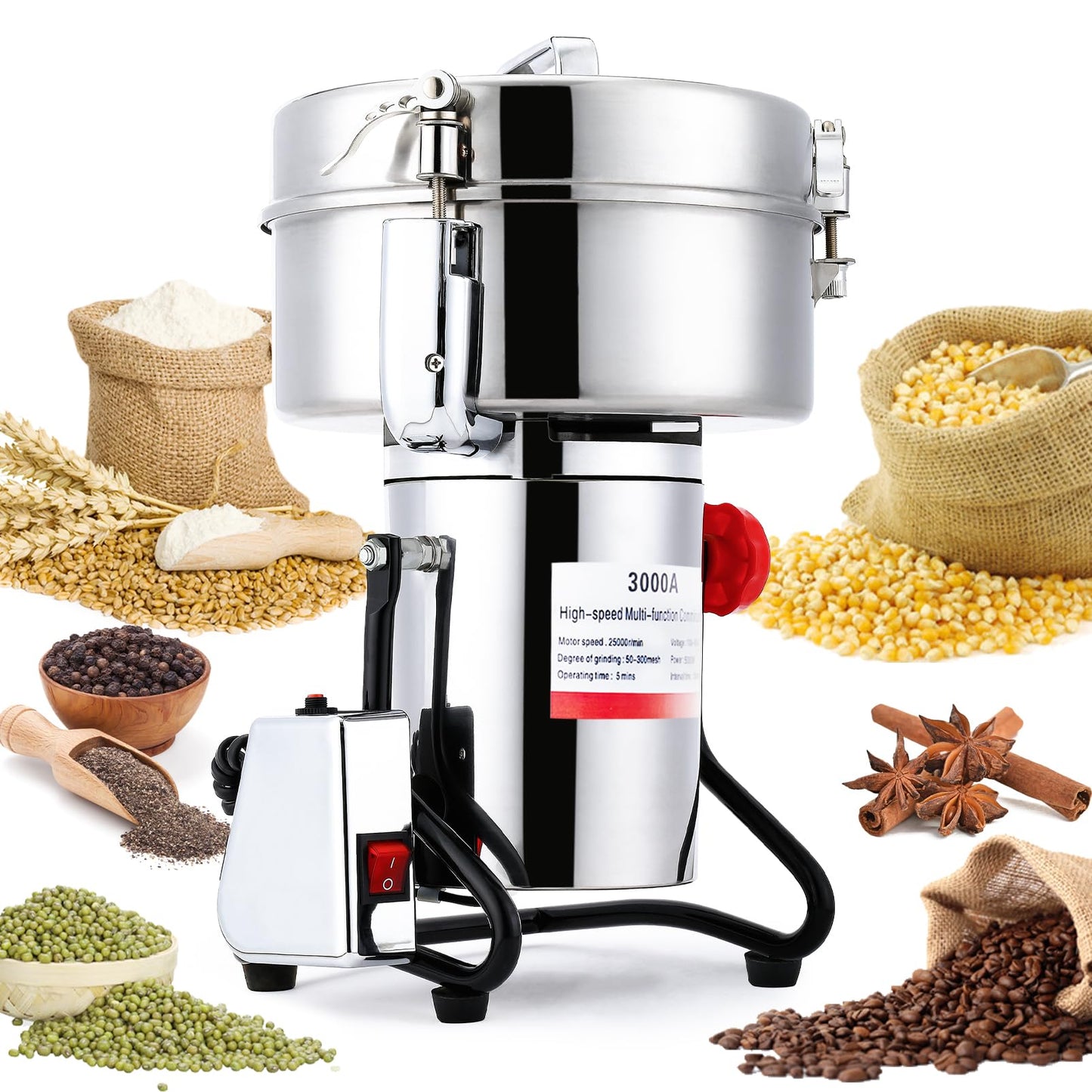 Electric Grain Mill Grinder 800g Stainless Steel Pulverizer 36000r/min High-speed Grain Mill 1800W Dry Material Grinding Machine 270° swingable Superfine powder for Home and Commercial