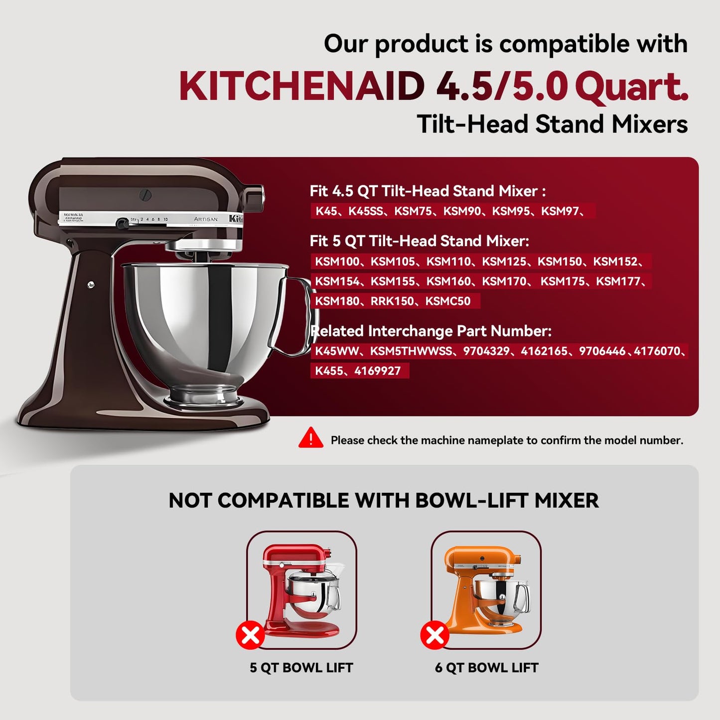 Whole Stainless Steel K45WW Whisk Attachment for KitchenAid 4.5-5 Tilt-Head Mixer, Dishwasher Safe Wire Whip for Kitchen Aid