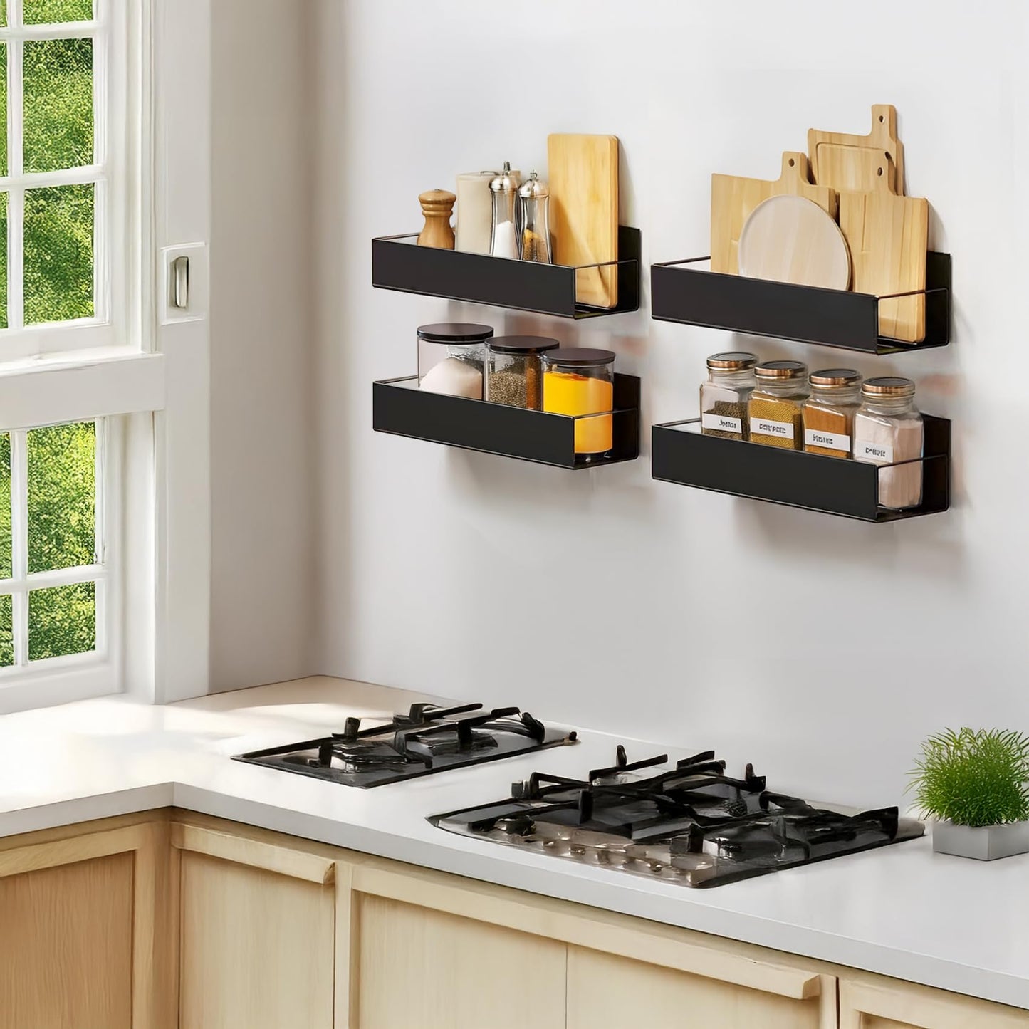 Kitchen Spice Rack for Wall: 2 Packs Black Adhesive Spice Racks Wall Mount - 11.8" Large Hanging Storage Organizer Cabinet Without Drilling for Work Room Bathroom Shelves