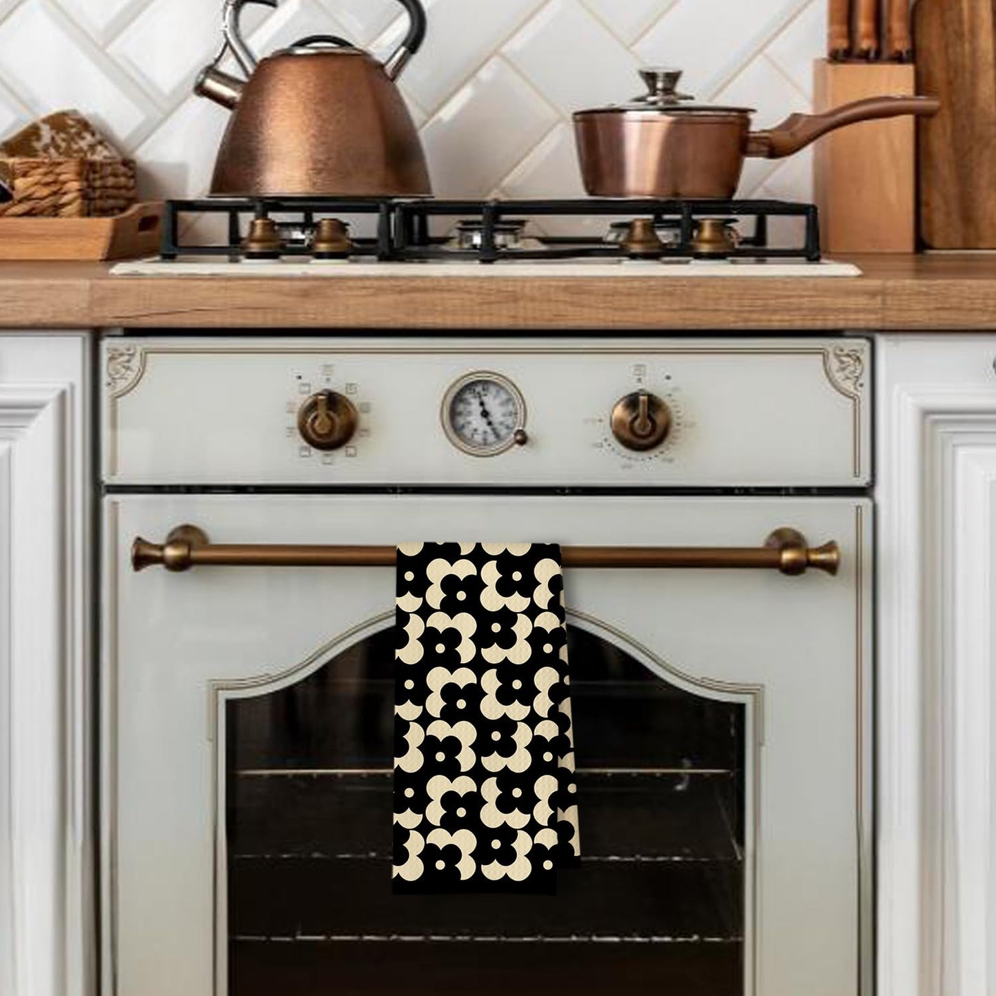 Beige and Black Moroccan Kitchen Towels, Boho Abstract Dish Tea Towels for Kitchen Decor, Retro Mid Century Modern Hand Towel for Bathroom Decor, 16x24 Inches