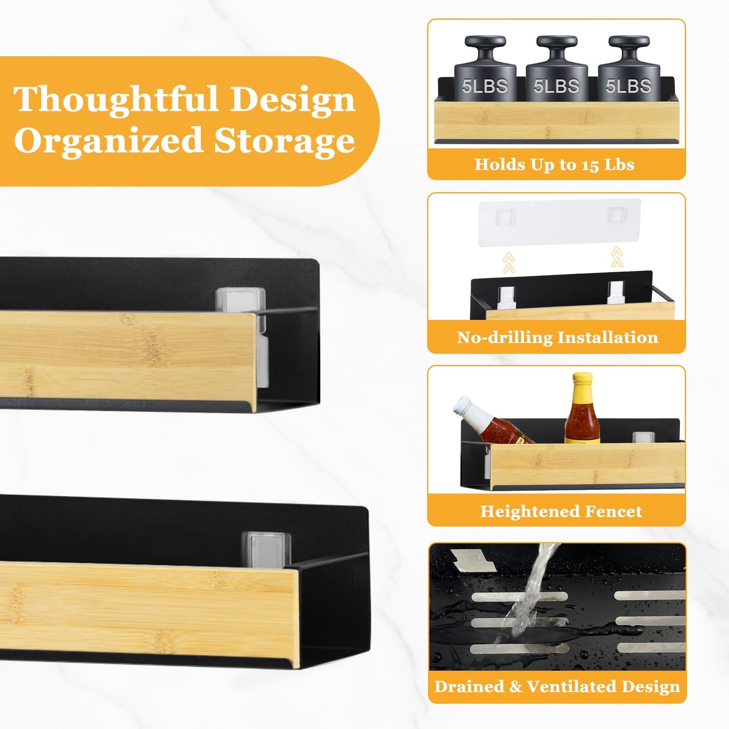 Kitchen Spice Rack for Wall: 2 Packs Black Adhesive Spice Racks Wall Mount - 11.8" Large Hanging Storage Organizer Cabinet Without Drilling for Work Room Bathroom Shelves