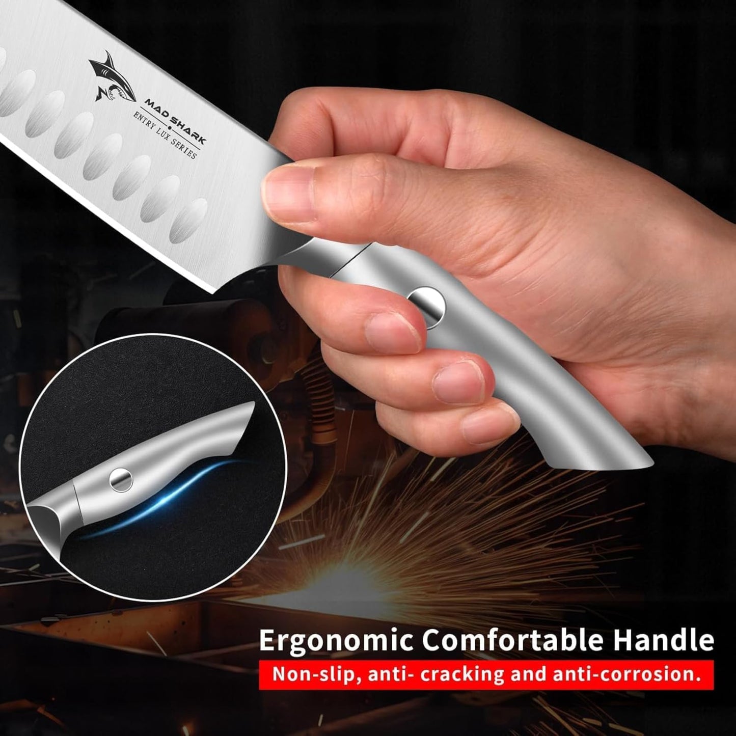 MAD SHARK 8 Inch Santoku Knife - Ultra Sharp Japanese Kitchen Knife, High Carbon German Steel, Ergonomic Handle - Ideal for Slicing, Dicing & Chopping - Unique Gift for Chefs, Men & Women (White)