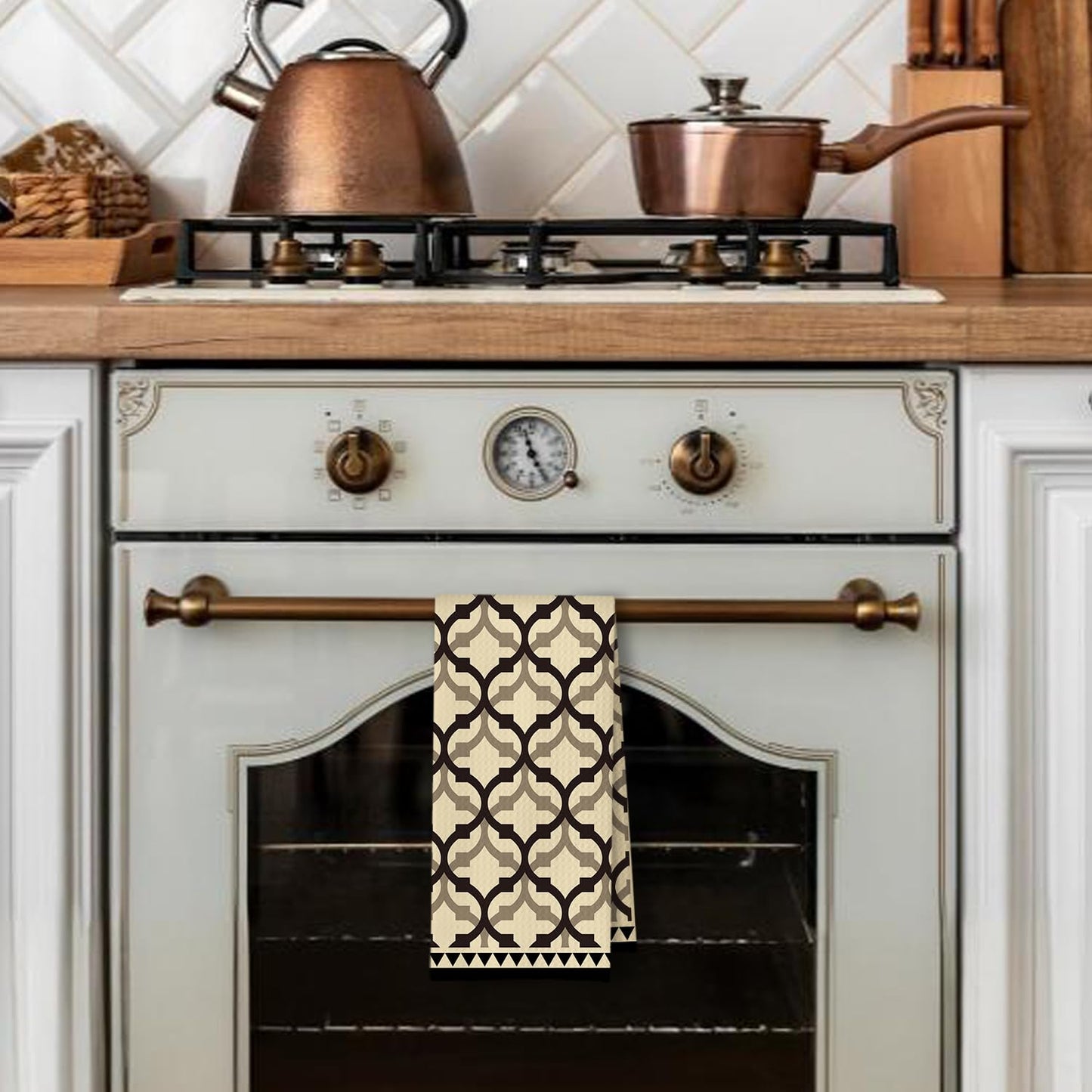 Beige and Black Moroccan Kitchen Towels, Boho Abstract Dish Tea Towels for Kitchen Decor, Retro Mid Century Modern Hand Towel for Bathroom Decor, 16x24 Inches