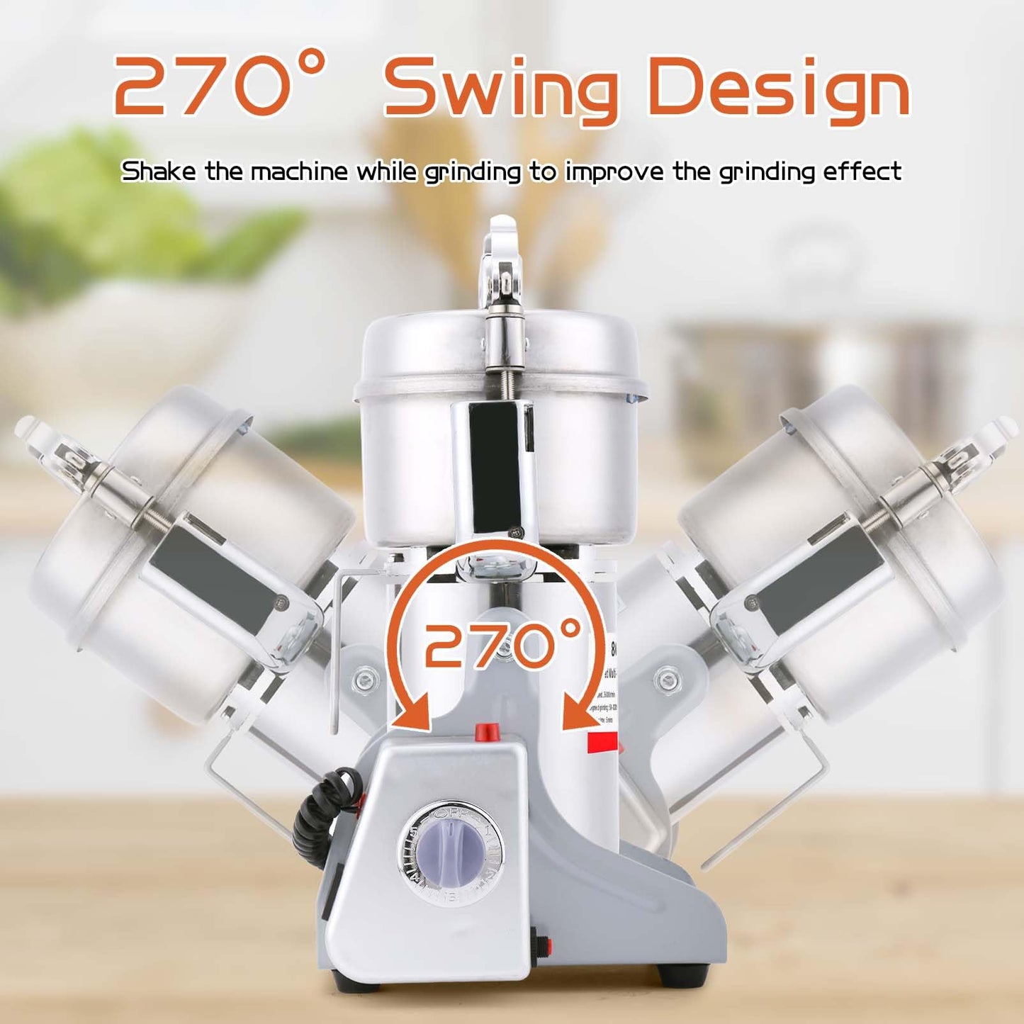 Electric Grain Mill Grinder 800g Stainless Steel Pulverizer 36000r/min High-speed Grain Mill 1800W Dry Material Grinding Machine 270° swingable Superfine powder for Home and Commercial