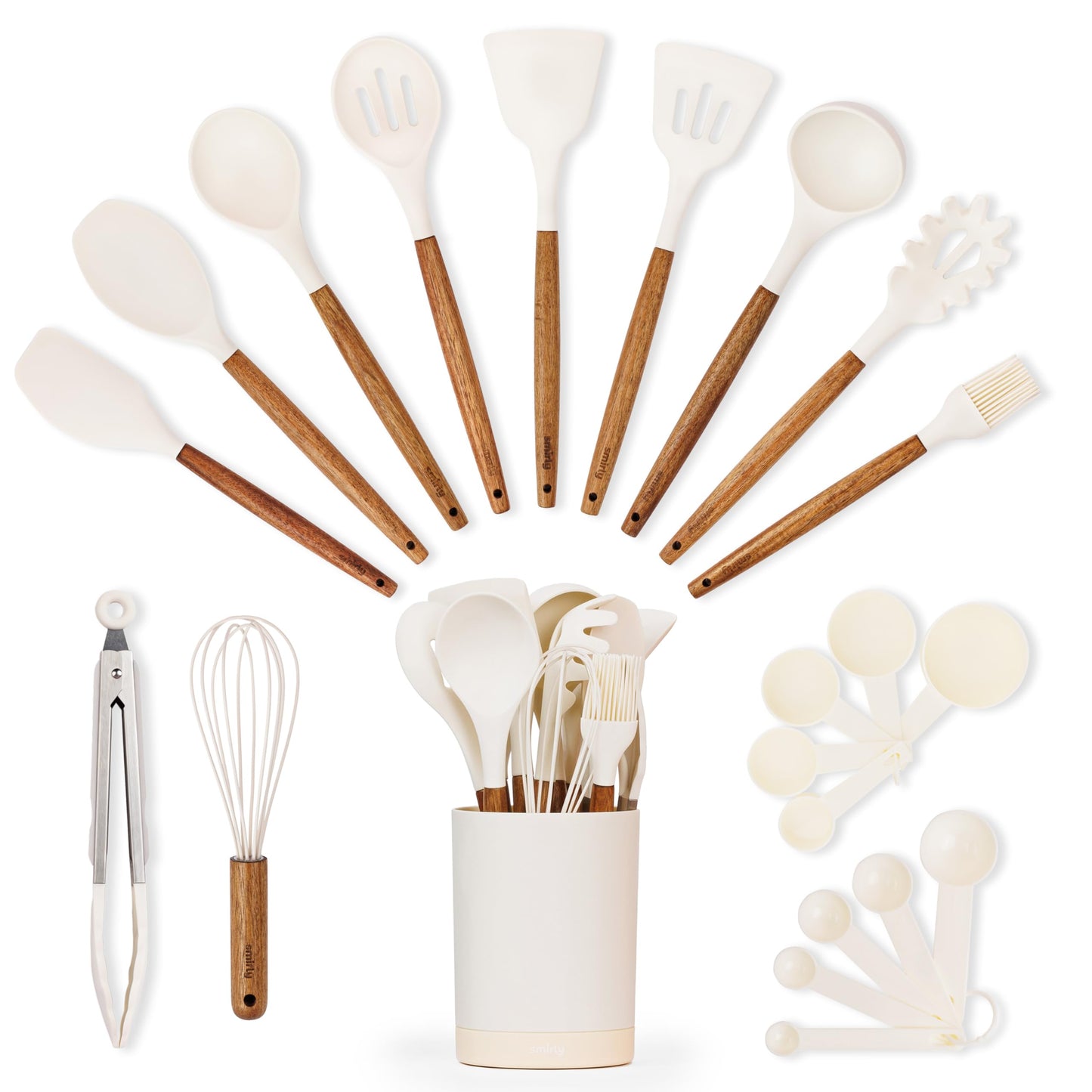 Silicone Kitchen Utensils Set & Holder: Cooking Utensils Set - Kitchen Essentials for New Home & 1st Apartment- Silicone Spatula Set, Cooking Spoons for Nonstick Cookware (Acacia Wood, Cream White)