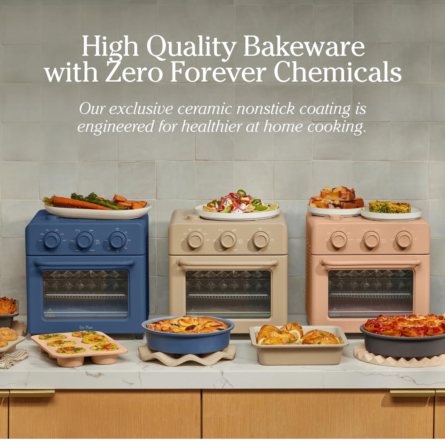 Our Place Wonder Oven Baker’s Kit – 3-Piece Toxin-Free Ceramic Nonstick Bakeware Set (8” Round, 8” Square, 6-Cup Muffin Pan) - Oven-Safe up to 450°F - Blue Salt