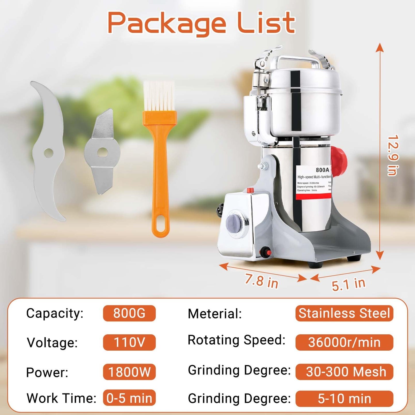 Electric Grain Mill Grinder 800g Stainless Steel Pulverizer 36000r/min High-speed Grain Mill 1800W Dry Material Grinding Machine 270° swingable Superfine powder for Home and Commercial