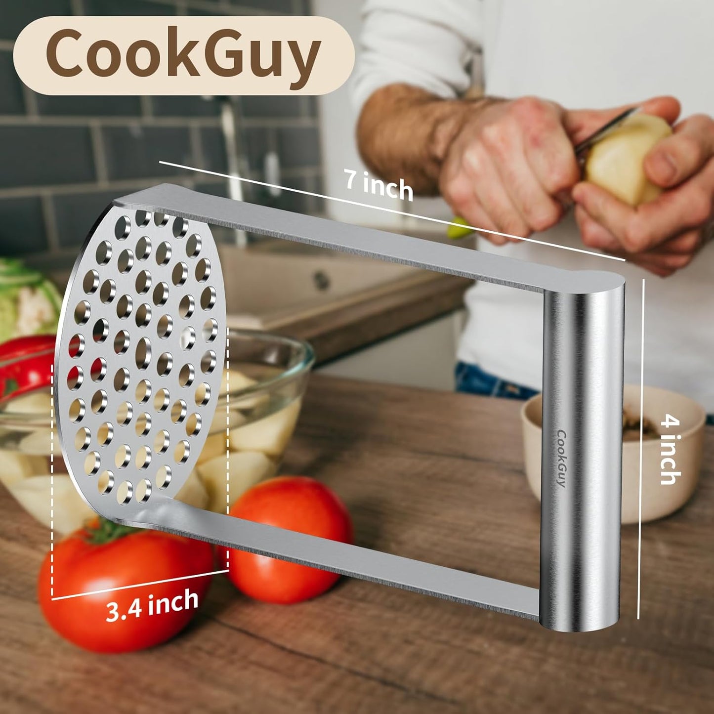 Cook Guy Heavy Duty Potato Masher – Premium Stainless Steel Food Masher for Potatoes, Avocados, Beans & Vegetables – Versatile Kitchen Tool with Ergonomic Horizontal Handle – Dishwasher Safe