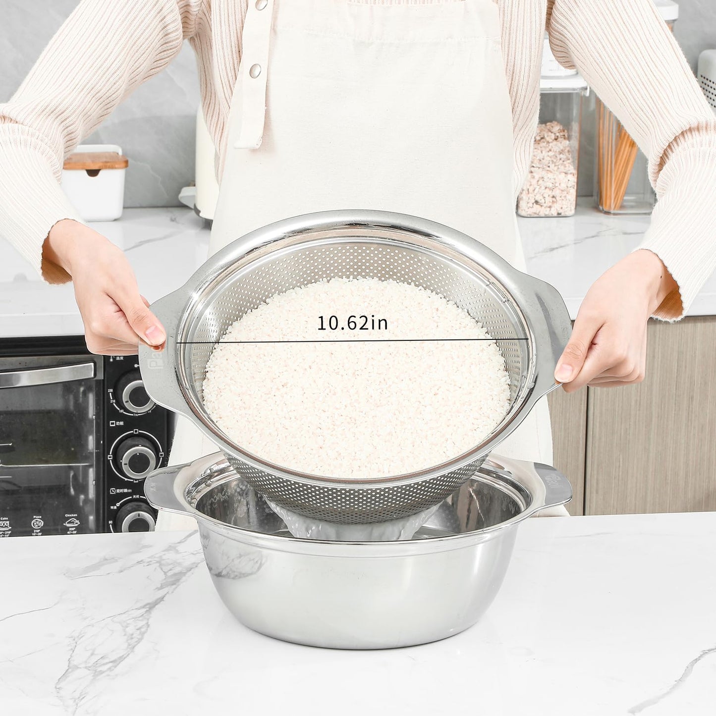 304 Stainless Steel Microporous Colander, 2.5QT Large Capacity with Mixing Bowl For washing vegetables, fruit and rice and for draining cooked pasta(2PC)