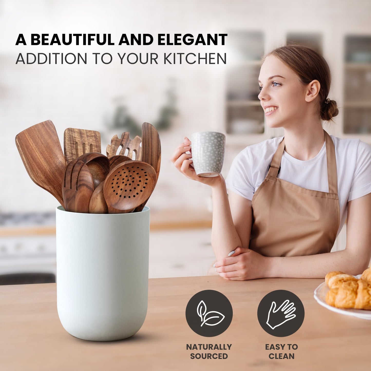 Zulay Kitchen 9.4" Teak Wooden Cooking Spoon – Durable, Non-Stick Wooden Utensil for Cooking, Stirring, Mixing & Serving – Heat-Resistant, Smooth Finish Kitchen Spoon for Nonstick Cookware