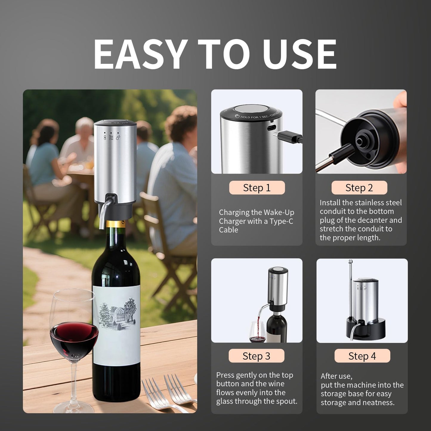 Rechargeable Wine aerator Electric Wine Decanter, Automatic Wine Dispenser withStorage Base,Two Modes:long press to continuously Dispense wine/single press to Dispense75ml of Wine