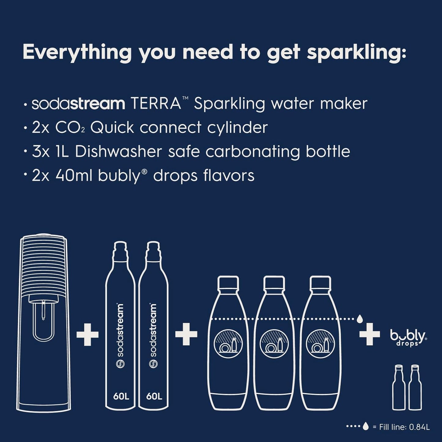 SodaStream - Terra Sparkling Water Maker | VALUE BUNDLE | CQC CO2 system | Includes 2x CO2 Cylinders, 3x 32 Fl Oz Dishwasher Safe Bottles, 2x Bubly Flavor Drops | Combine with Flavors | Misty Blue