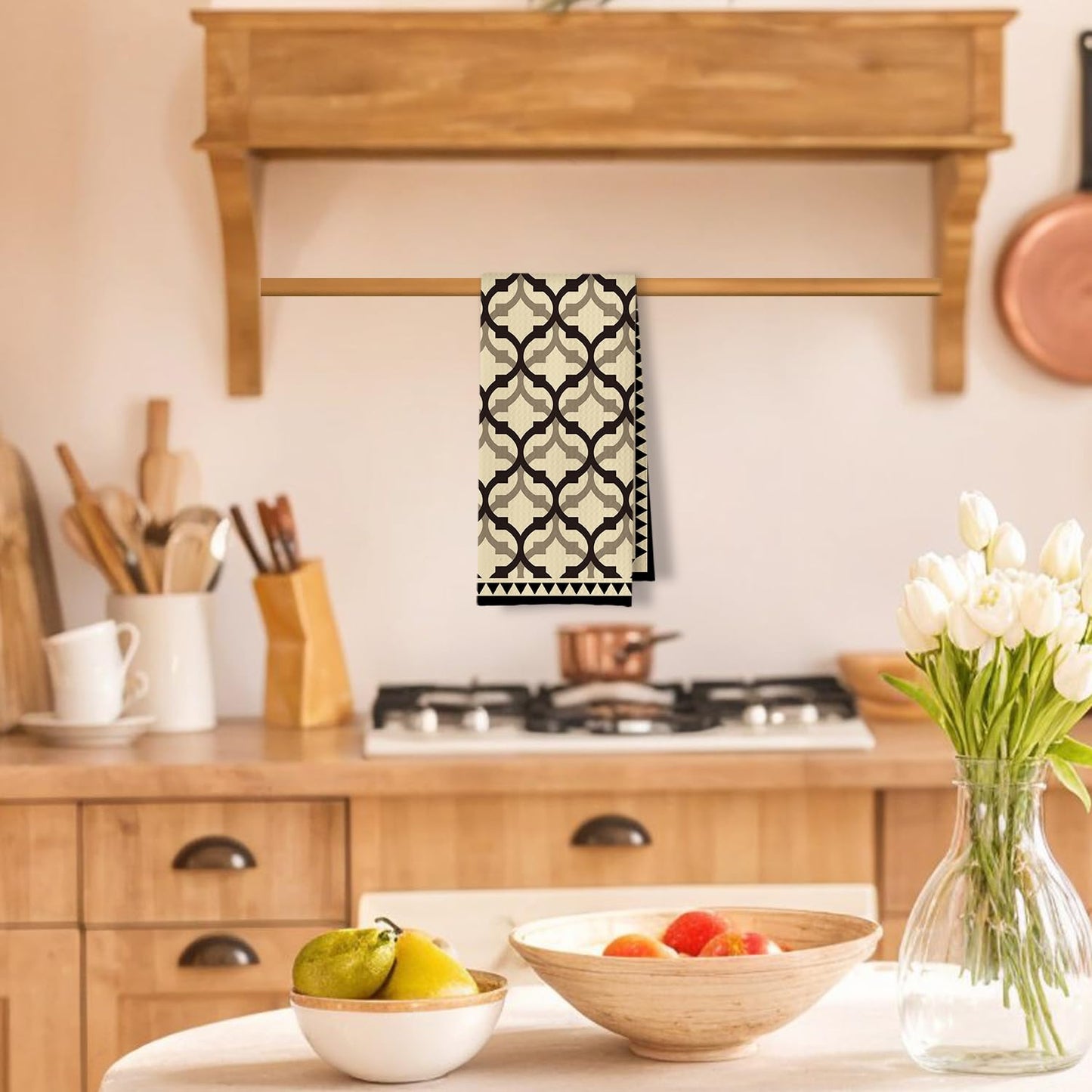 Beige and Black Moroccan Kitchen Towels, Boho Abstract Dish Tea Towels for Kitchen Decor, Retro Mid Century Modern Hand Towel for Bathroom Decor, 16x24 Inches