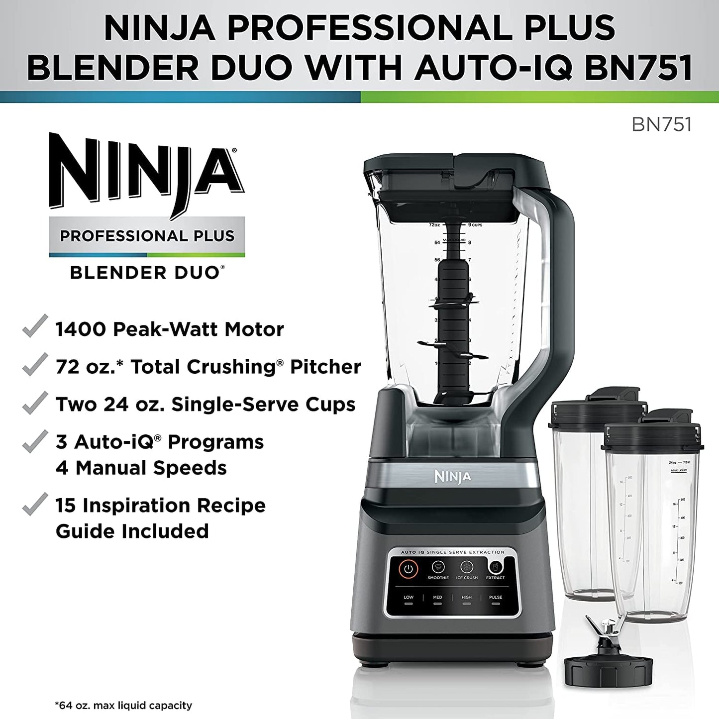 Ninja BN801 Professional Plus Kitchen System, 1400 WP, 5 Functions for Smoothies, Chopping, Dough & More with Auto IQ, 72-oz.* Blender Pitcher, 64-oz. Processor Bowl, (2) 24-oz. To-Go Cups, Grey