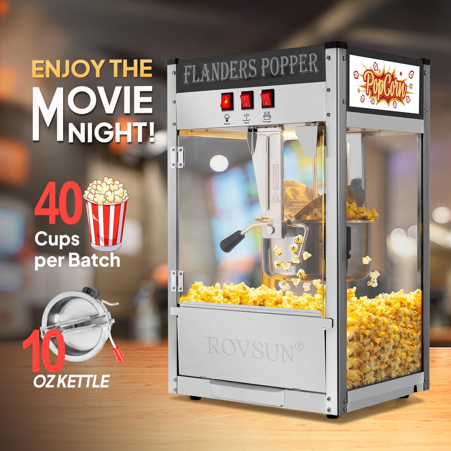 ROVSUN Popcorn Machine with 8 Ounce Kettle Makes Up to 32 Cups, Commercial Popcorn Machine Countertop Popcorn Maker w/Stainless Steel Scoop, Oil Spoon & 3 Popcorn Cups for Home Movie Theater, ETL