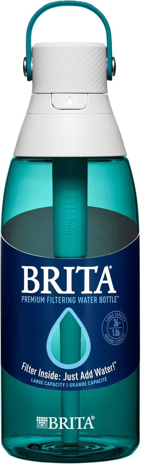 Brita Hard-Sided Plastic Premium Filtering Water Bottle, BPA-Free, Reusable, Replaces 300 Plastic Water Bottles, Filter Lasts 2 Months or 40 Gallons, Includes 1 Filter, Sea Glass - 36 oz.