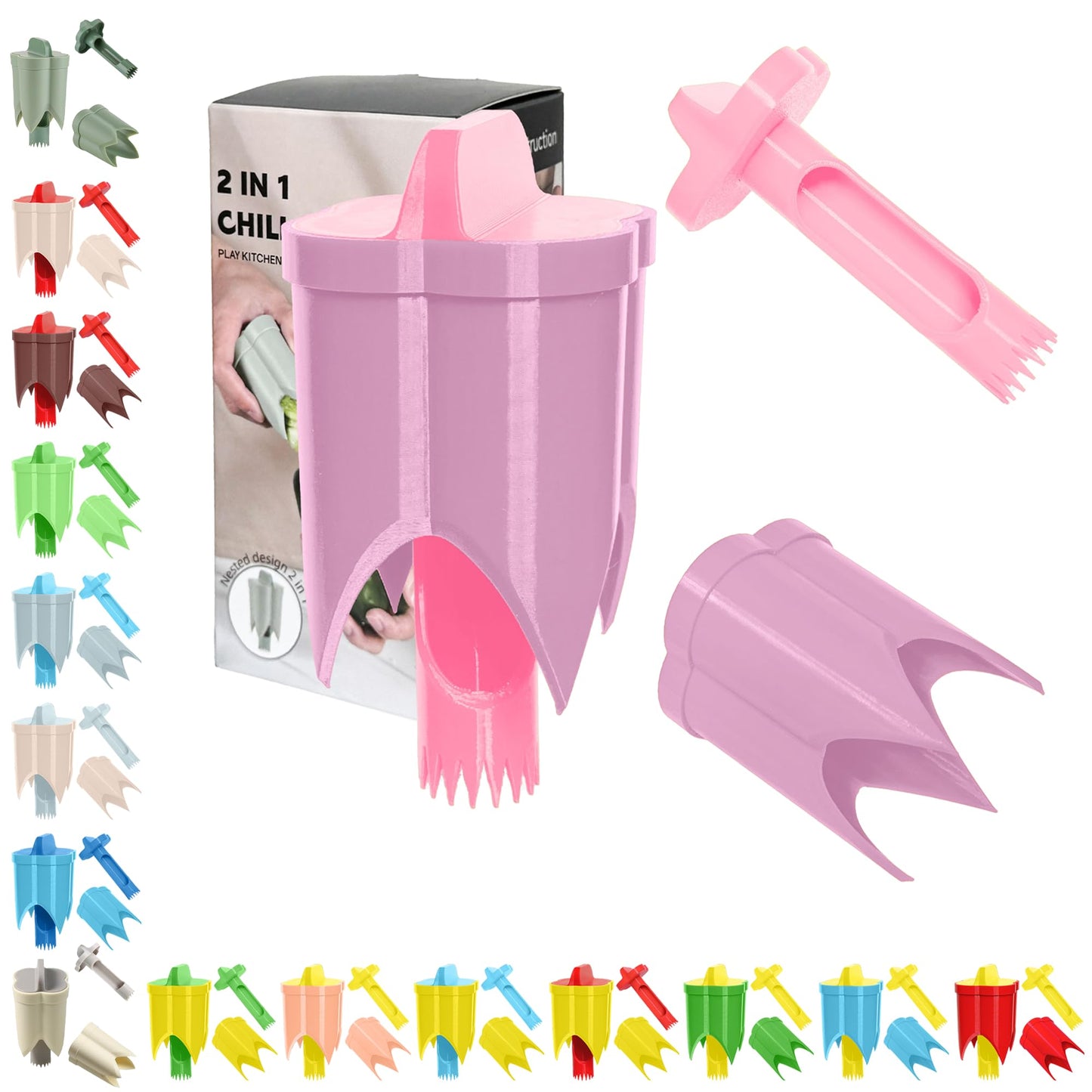 Pepper Corer, 2 in 1 Red Bell Pepper Seed Corer Remover Tool, Fruit & Vegetable Corers Quick Cave Tools for Jalapeno Cutter Deseeder, Blue Yellow, 3 PCS