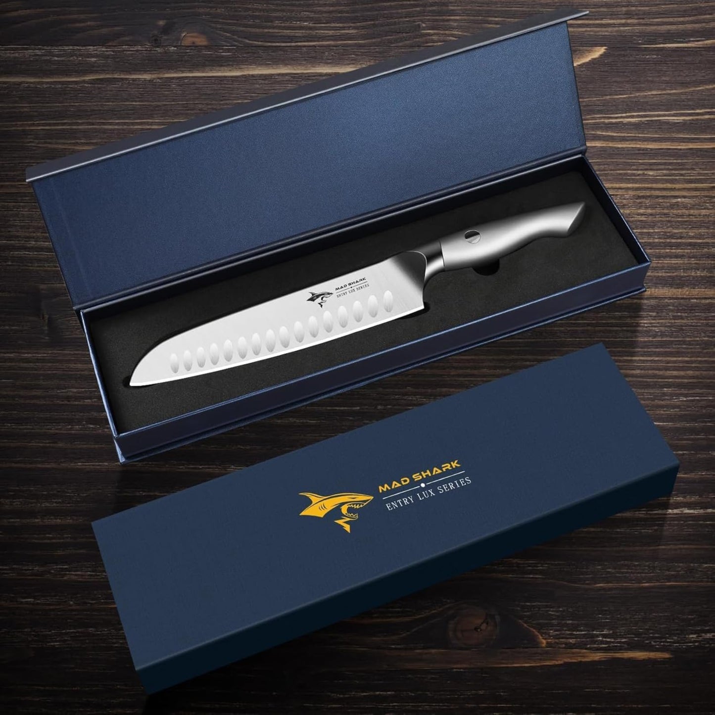 MAD SHARK 8 Inch Santoku Knife - Ultra Sharp Japanese Kitchen Knife, High Carbon German Steel, Ergonomic Handle - Ideal for Slicing, Dicing & Chopping - Unique Gift for Chefs, Men & Women (White)