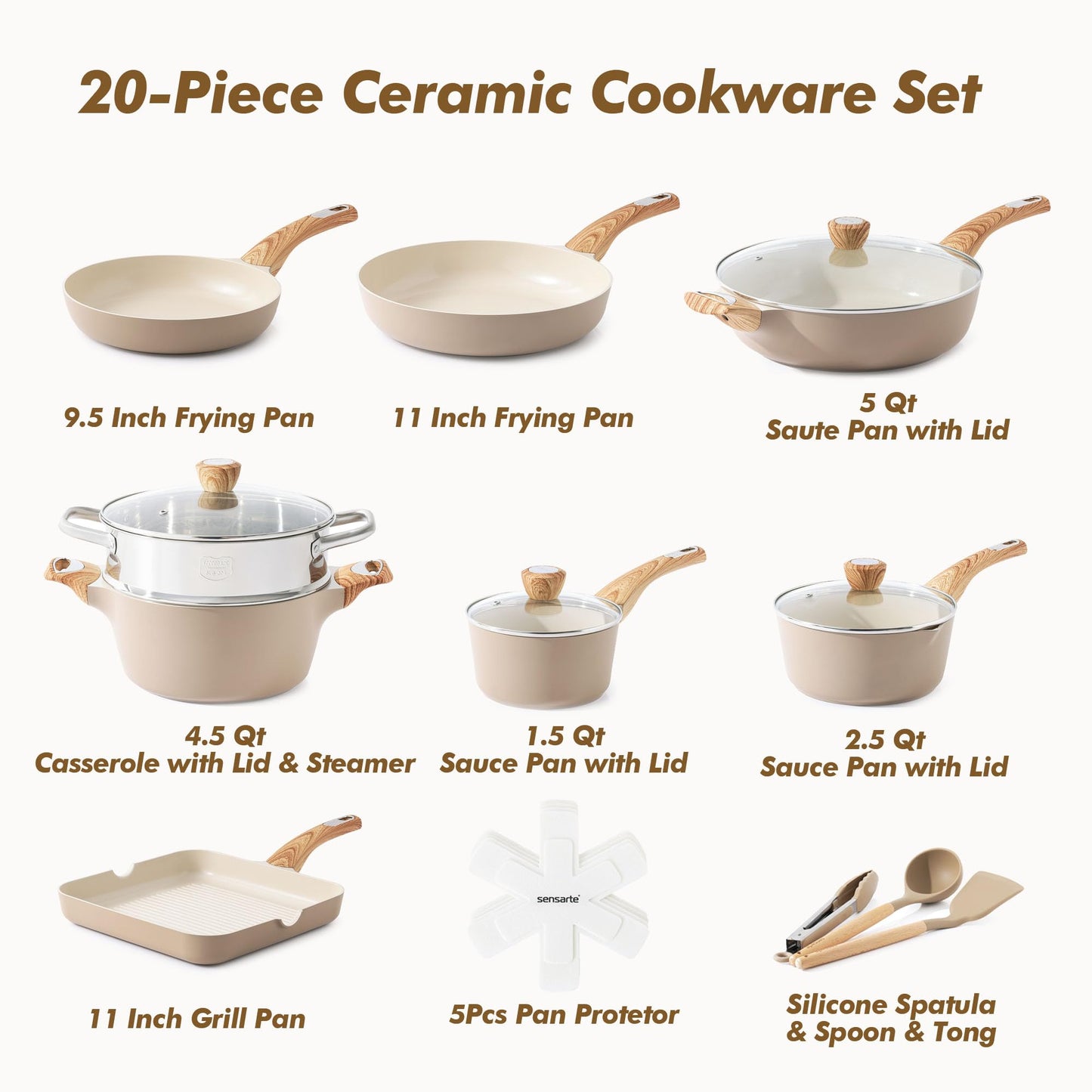 SENSARTE Ceramic Cookware Sets, Pots and Pans Set Nonstick, 20-Piece Induction Cookware, Non-toxic Healthy Non Stick Kitchen Cooking Set with Stay-Cool Handles, PFAS PTFE PFOA PFOS Free