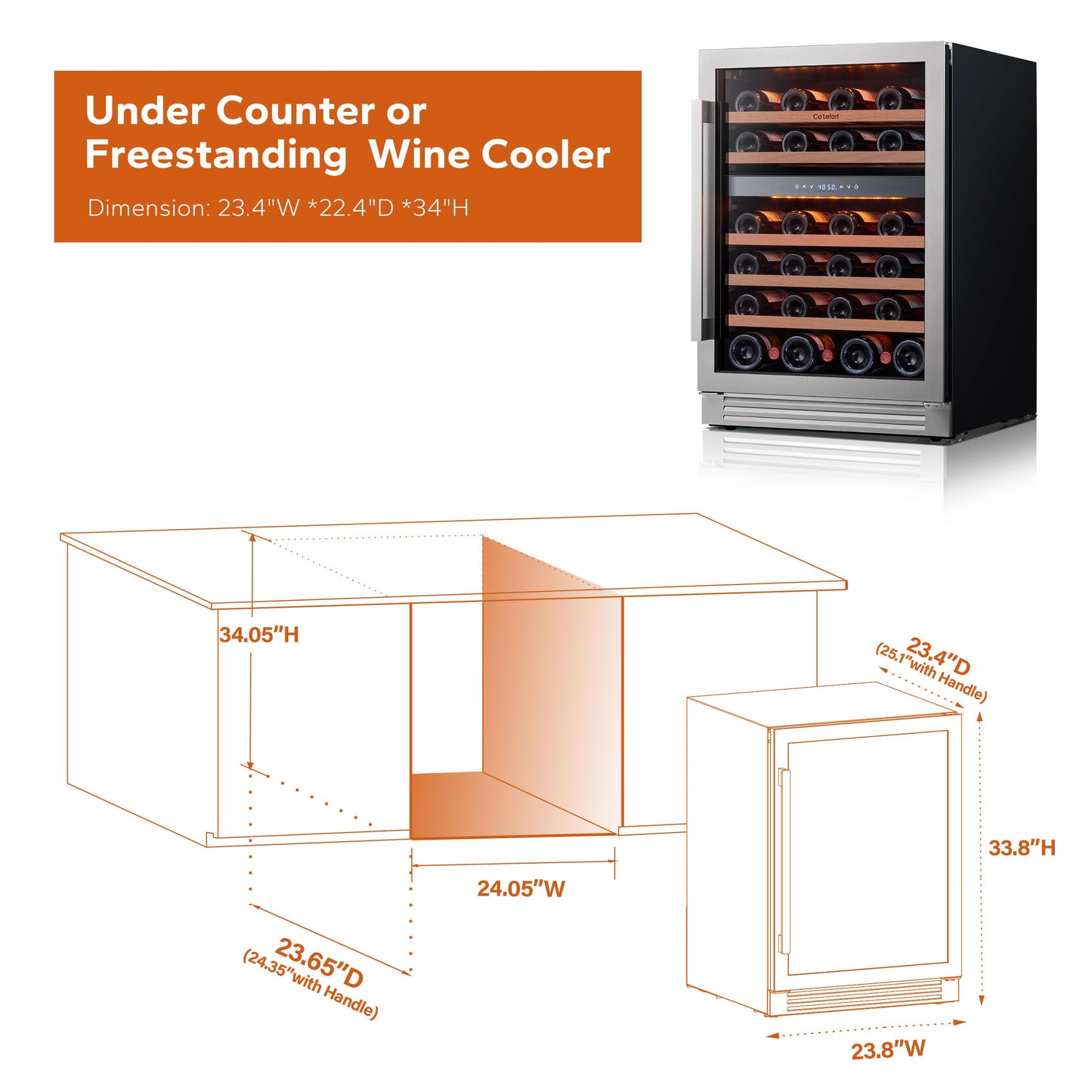 Ca'Lefort 24 Inch Wine and Beverage Refrigerator, 60 Can and 20 Bottle Wine Fridge 36-72°F, 3 LED Dual Zone Wine Cooler with Glass Door, Built-in Compressor Refrigerator for Home/Kitchen (4.10 cu.ft)