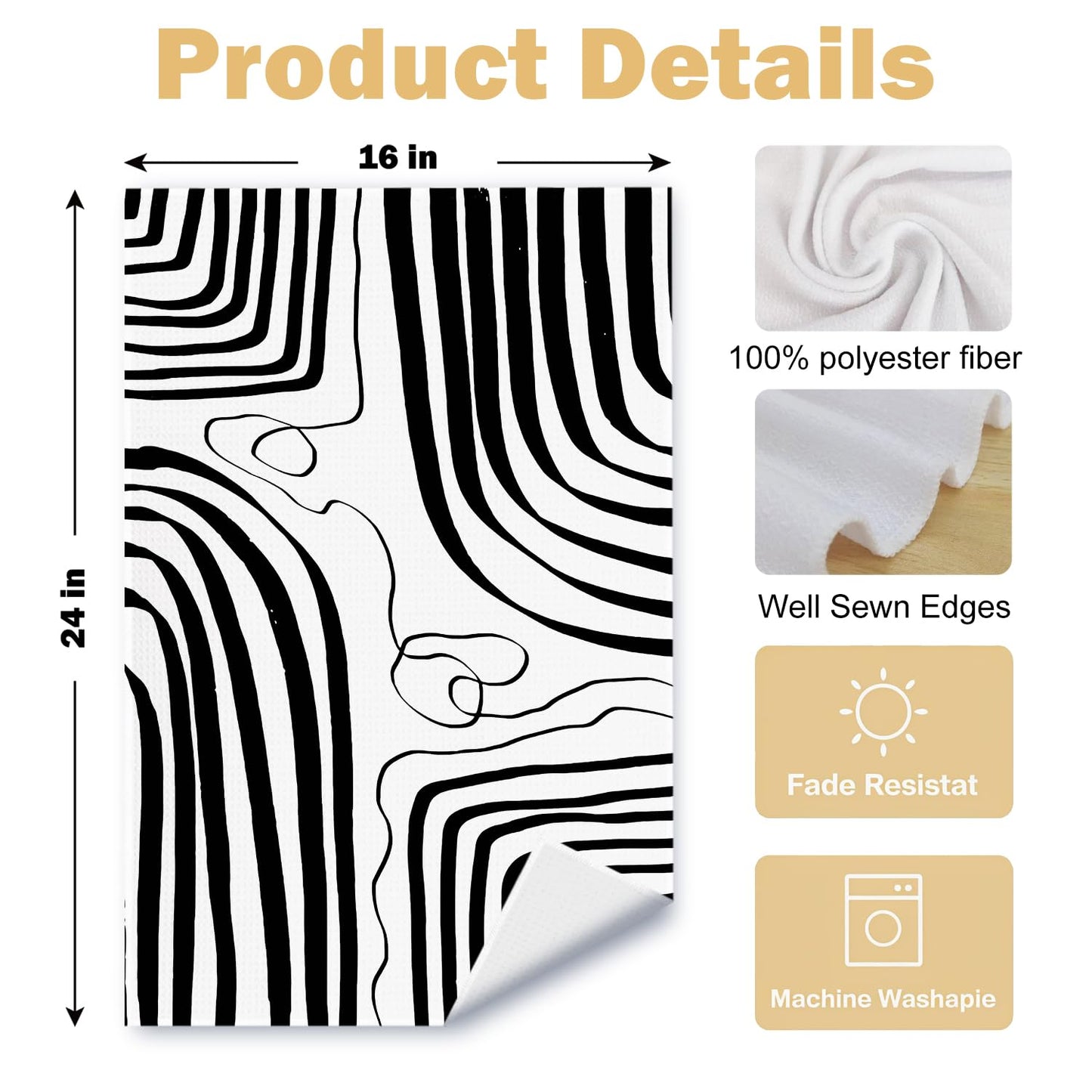 Beige and Black Moroccan Kitchen Towels, Boho Abstract Dish Tea Towels for Kitchen Decor, Retro Mid Century Modern Hand Towel for Bathroom Decor, 16x24 Inches