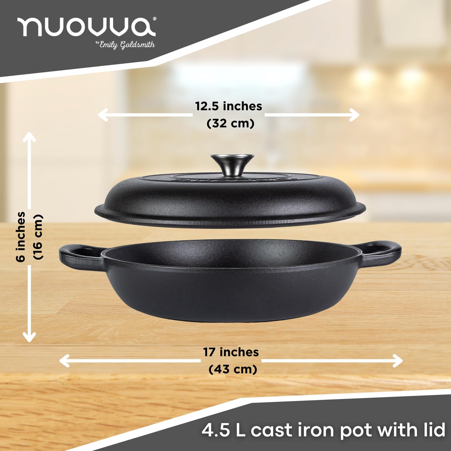 Shallow Cast Iron Casserole with Lid – Non Stick Dutch Oven Pot, Oven Safe up to 500° F – Sturdy Ovenproof Stockpot Cookware – Enamelled Cooking Pot – Black, 5-Quart, 32cm – by Nuovva
