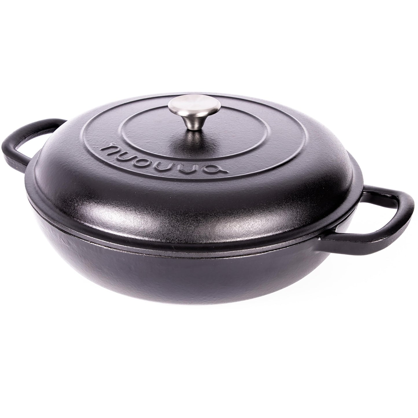 Shallow Cast Iron Casserole with Lid – Non Stick Dutch Oven Pot, Oven Safe up to 500° F – Sturdy Ovenproof Stockpot Cookware – Enamelled Cooking Pot – Black, 5-Quart, 32cm – by Nuovva