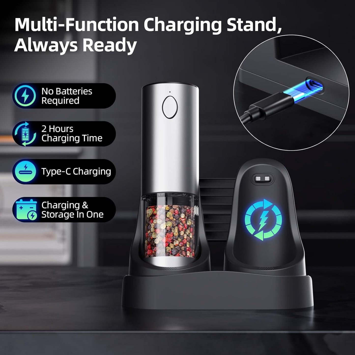 Electric Salt and Pepper Grinder Set, Rechargeable Automatic Stainless Steel Pepper Mills with LED Light, Upgraded Charging Base, Adjustable Coarseness, One-Hand Operation, House Warming Cooking Gifts