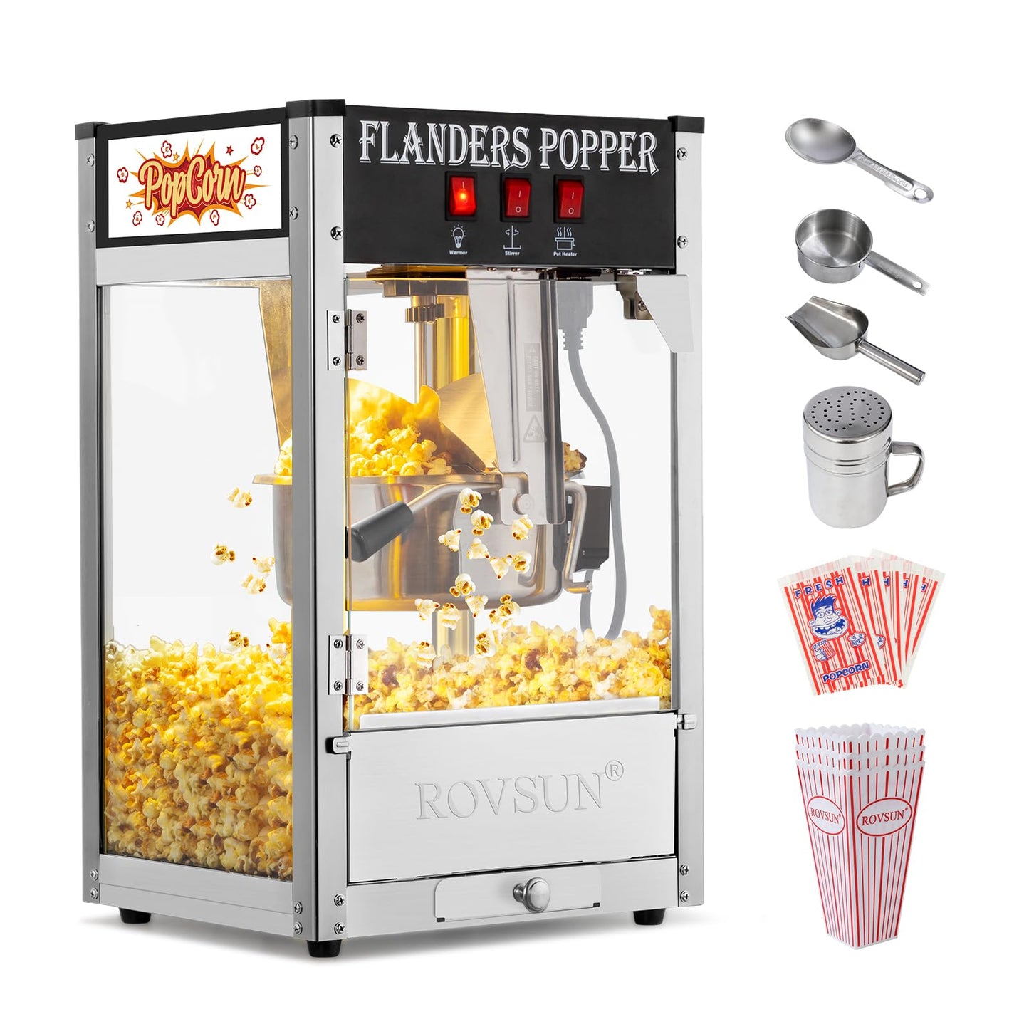 ROVSUN Popcorn Machine with 8 Ounce Kettle Makes Up to 32 Cups, Commercial Popcorn Machine Countertop Popcorn Maker w/Stainless Steel Scoop, Oil Spoon & 3 Popcorn Cups for Home Movie Theater, ETL
