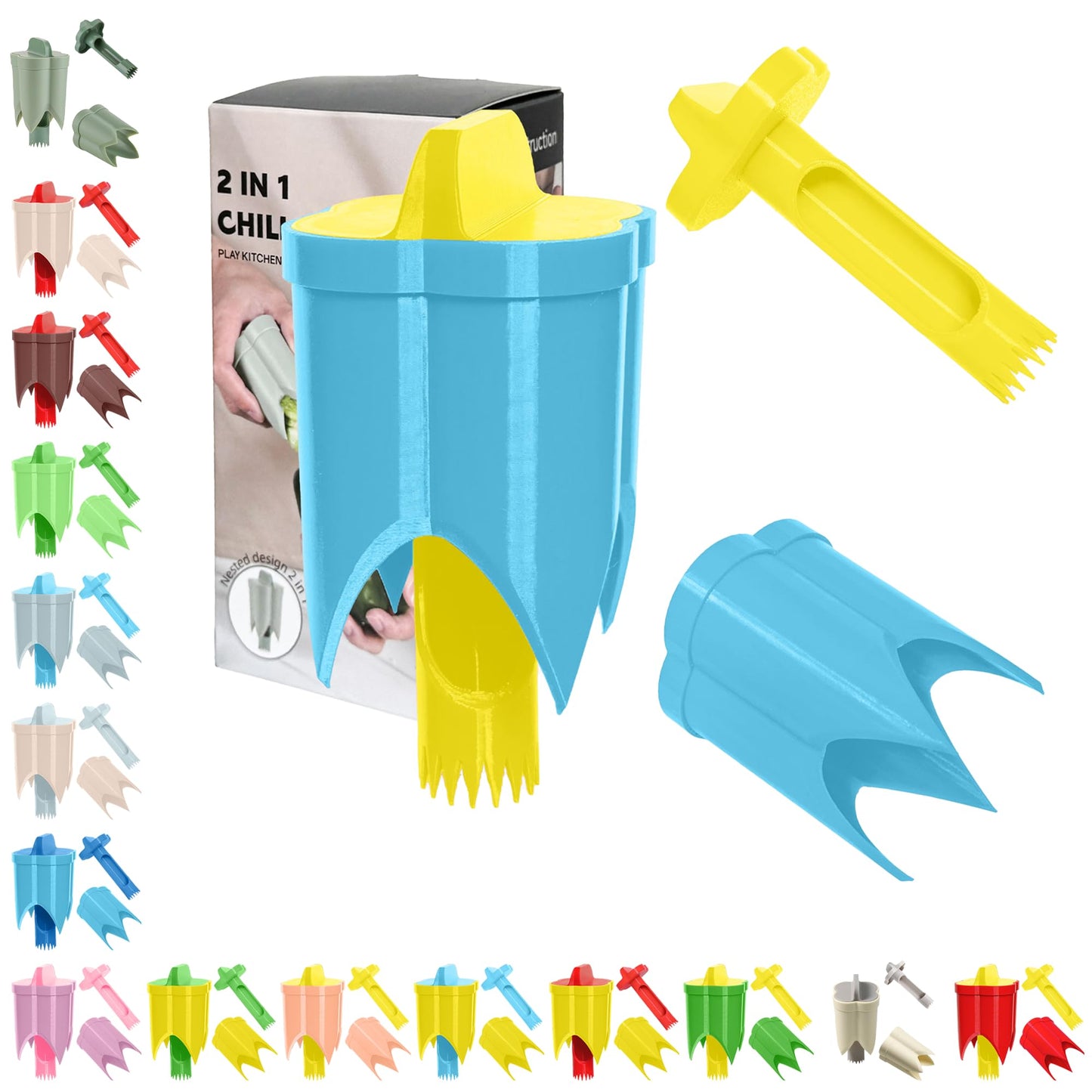 Pepper Corer, 2 in 1 Red Bell Pepper Seed Corer Remover Tool, Fruit & Vegetable Corers Quick Cave Tools for Jalapeno Cutter Deseeder, Blue Yellow, 3 PCS