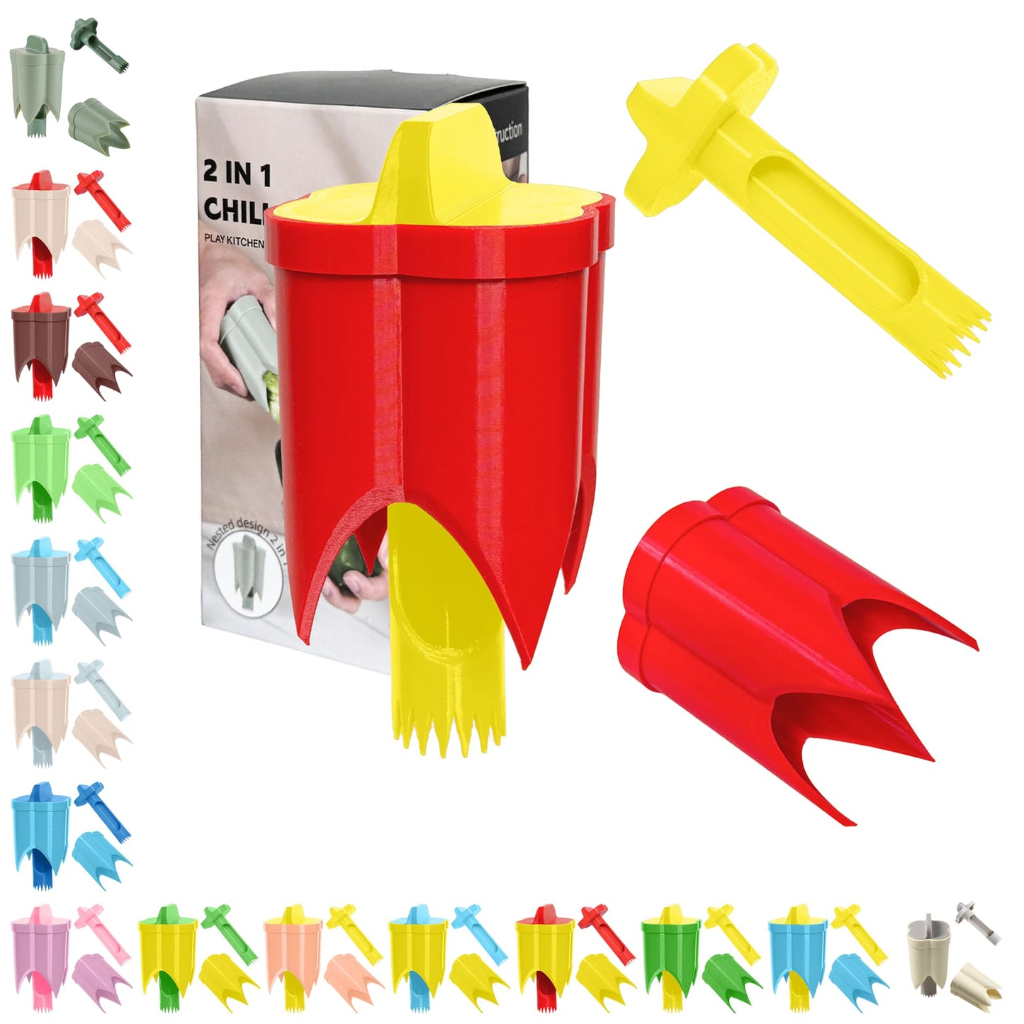 Pepper Corer, 2 in 1 Red Bell Pepper Seed Corer Remover Tool, Fruit & Vegetable Corers Quick Cave Tools for Jalapeno Cutter Deseeder, Blue Yellow, 3 PCS