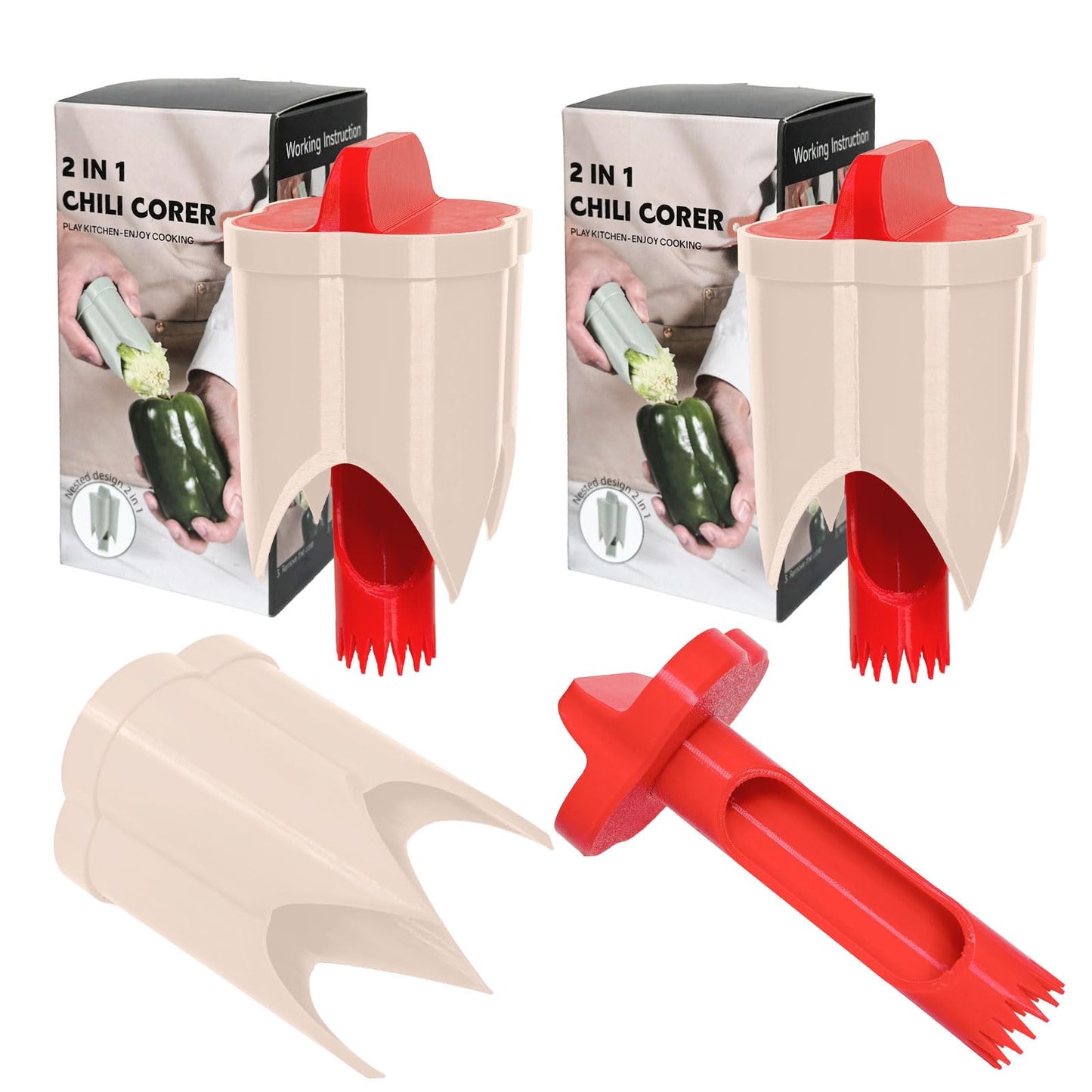 Pepper Corer, 2 in 1 Red Bell Pepper Seed Corer Remover Tool, Fruit & Vegetable Corers Quick Cave Tools for Jalapeno Cutter Deseeder, Blue Yellow, 3 PCS