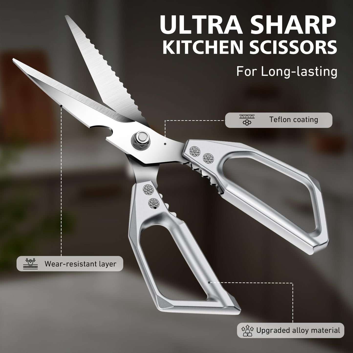 BALUCA Heavy Duty Kitchen Scissors All Purpose - Professional Stainless Steel Japanese Kitchen Shears for Food, Chicken Bones & Turkey | Dishwasher Safe, Sharp Meat & Poultry Scissors (Modern)