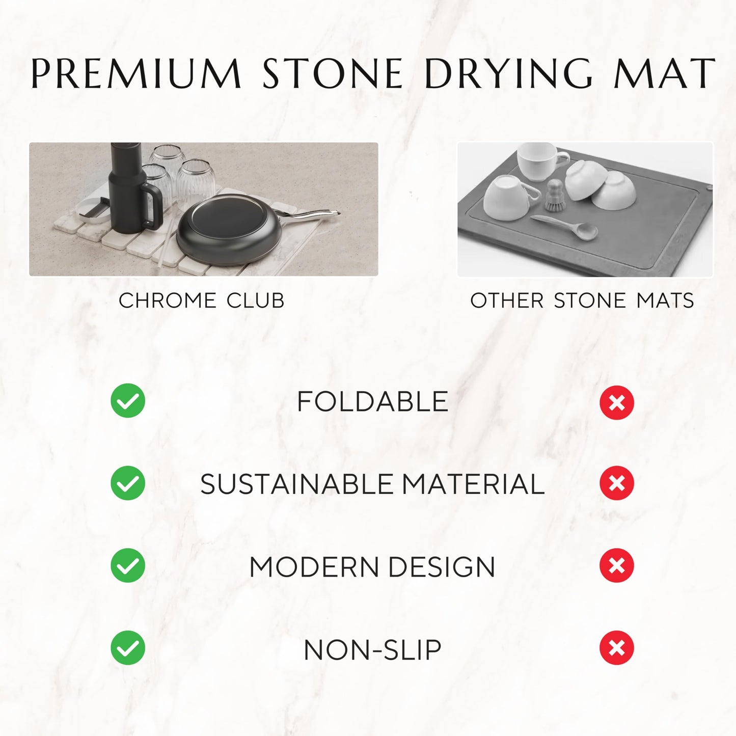 Stone Drying Mat for Kitchen Counter - Collapsible Diatomaceous Earth Dish Drying Stone - Fast Absorbent Stone Dish Drying Mat for Dishes and Pots (White Marble)