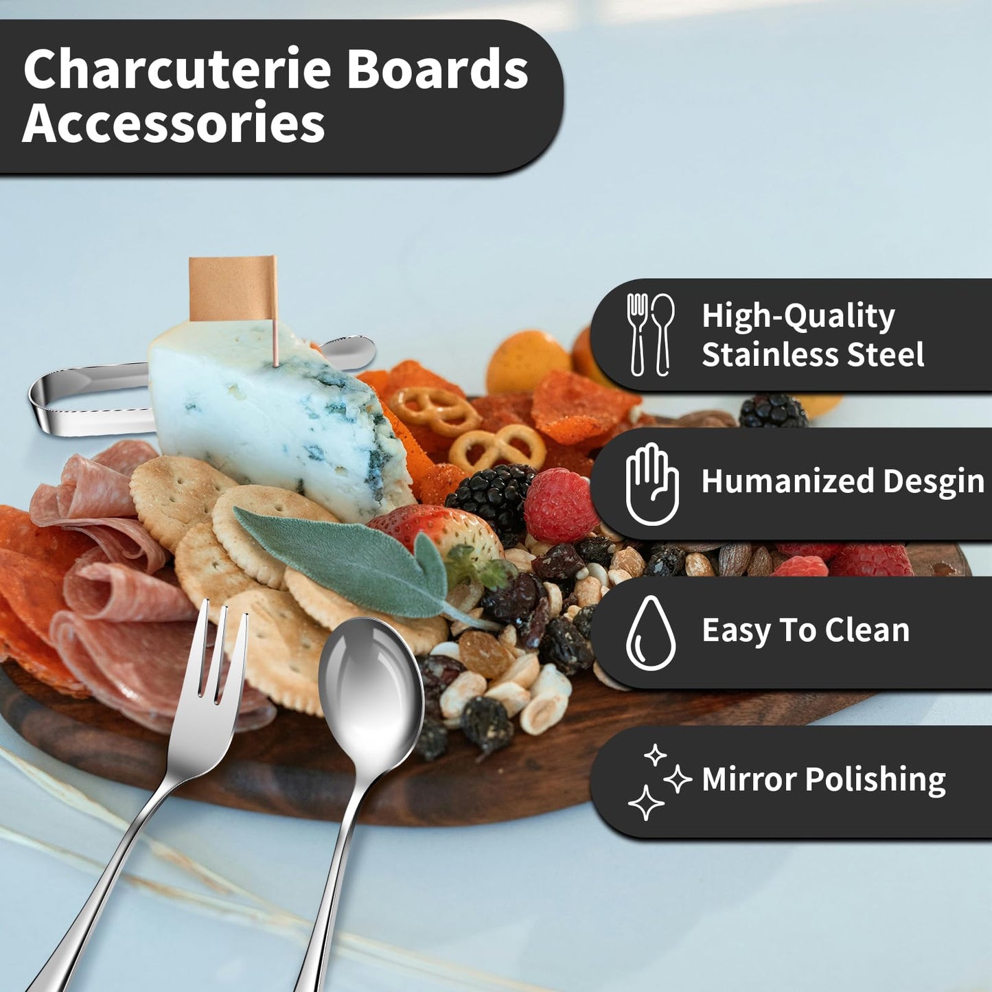 Charcuterie Boards Accessories(29 PCS) Cheese Spreaders for Charcuterie Board Mini Serving Spoon Fork Tongs Blank Toothpick Flags Bowl