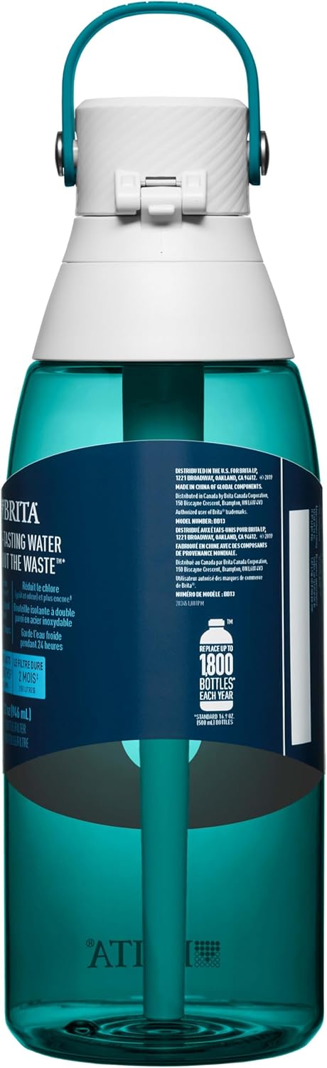 Brita Hard-Sided Plastic Premium Filtering Water Bottle, BPA-Free, Reusable, Replaces 300 Plastic Water Bottles, Filter Lasts 2 Months or 40 Gallons, Includes 1 Filter, Sea Glass - 36 oz.