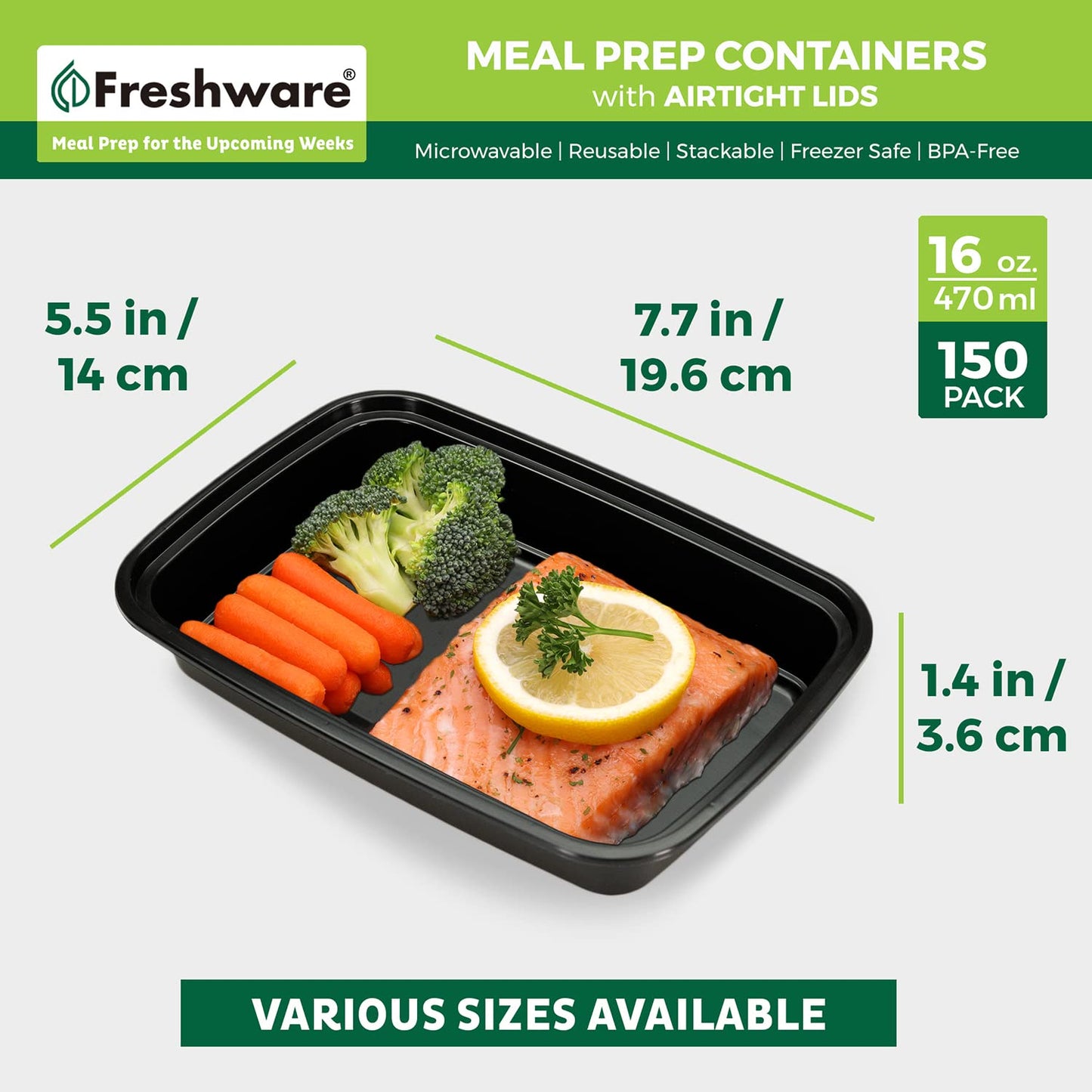 Freshware Meal Prep Containers [150 Pack] 1 Compartment with Lids, Food Storage Containers, Bento Box, BPA Free, Stackable, Microwave/Dishwasher/Freezer Safe (24 oz)