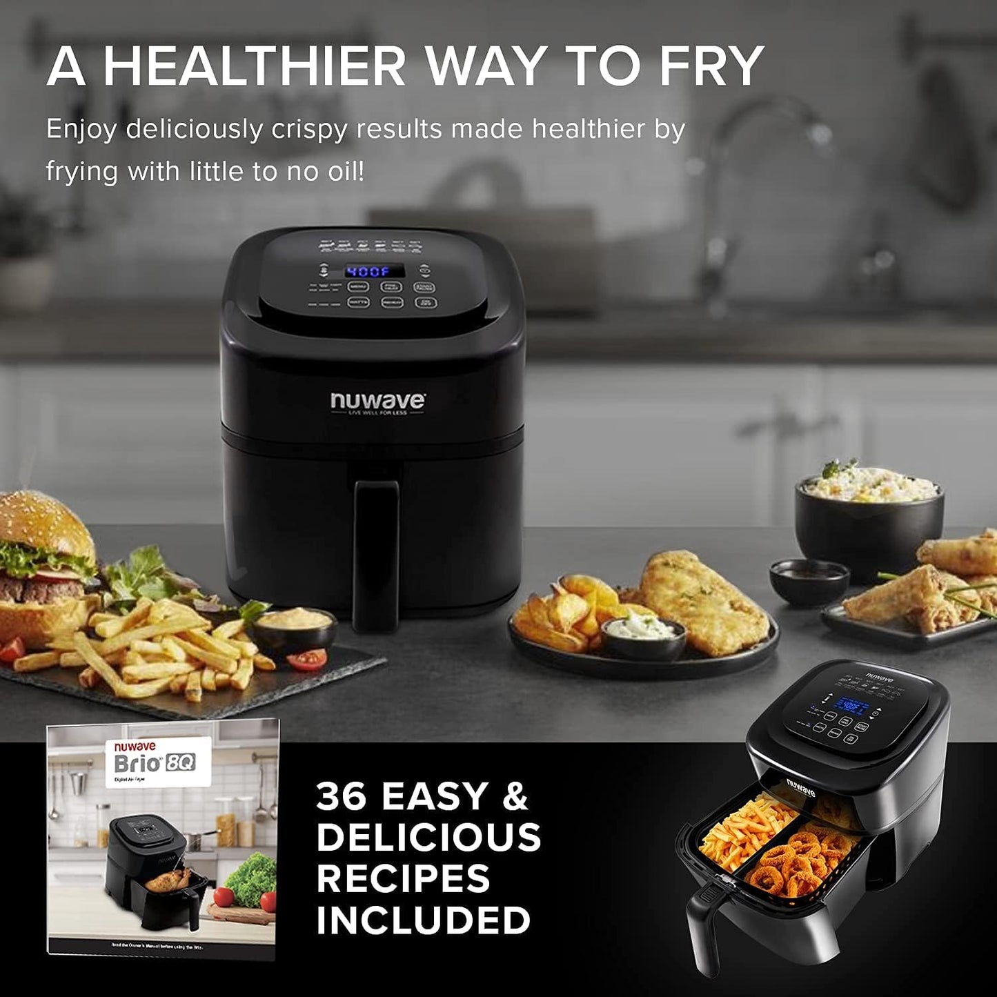 Nuwave Brio Air Fryer Oven, 15.5Qt X-Large Family Size, SS Rotisserie Basket &Skewer-Kit, Reversible Ultra Non-Stick Grill/Griddle Plate, Powerful 1800W, Integrated Smart Thermometer,Black