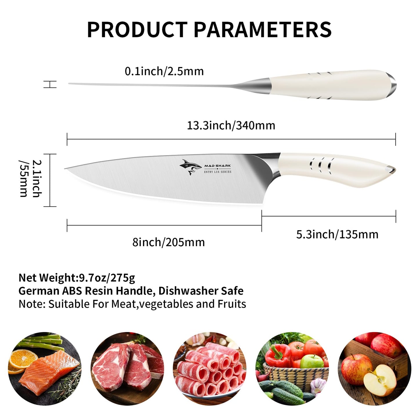 MAD SHARK Chef Knife 8 inch Chopping Knife High Carbon Stainless Steel Shark Chef's Knives with Ergonomic Handle, Cooking Knife with Gift Box, Birthday Gifts for Mom/Dad, Black