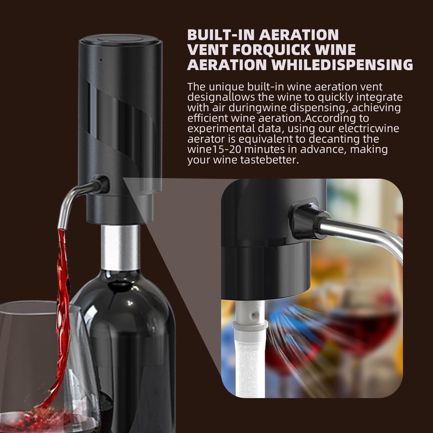 Rechargeable Wine aerator Electric Wine Decanter, Automatic Wine Dispenser withStorage Base,Two Modes:long press to continuously Dispense wine/single press to Dispense75ml of Wine